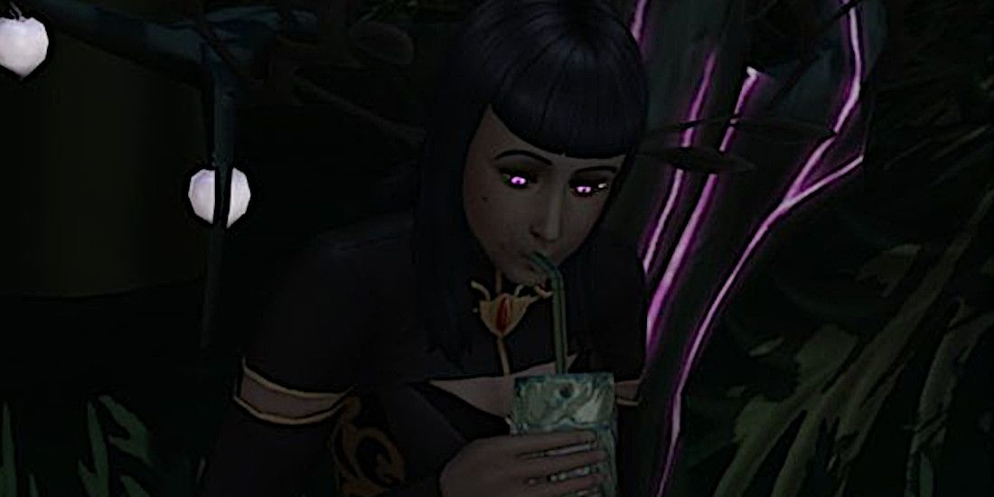 A vampire Sim drinks from a plasma pack in the dark.