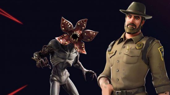 The best Fortnite skin - Demogorgon skin on black background next to Hopper