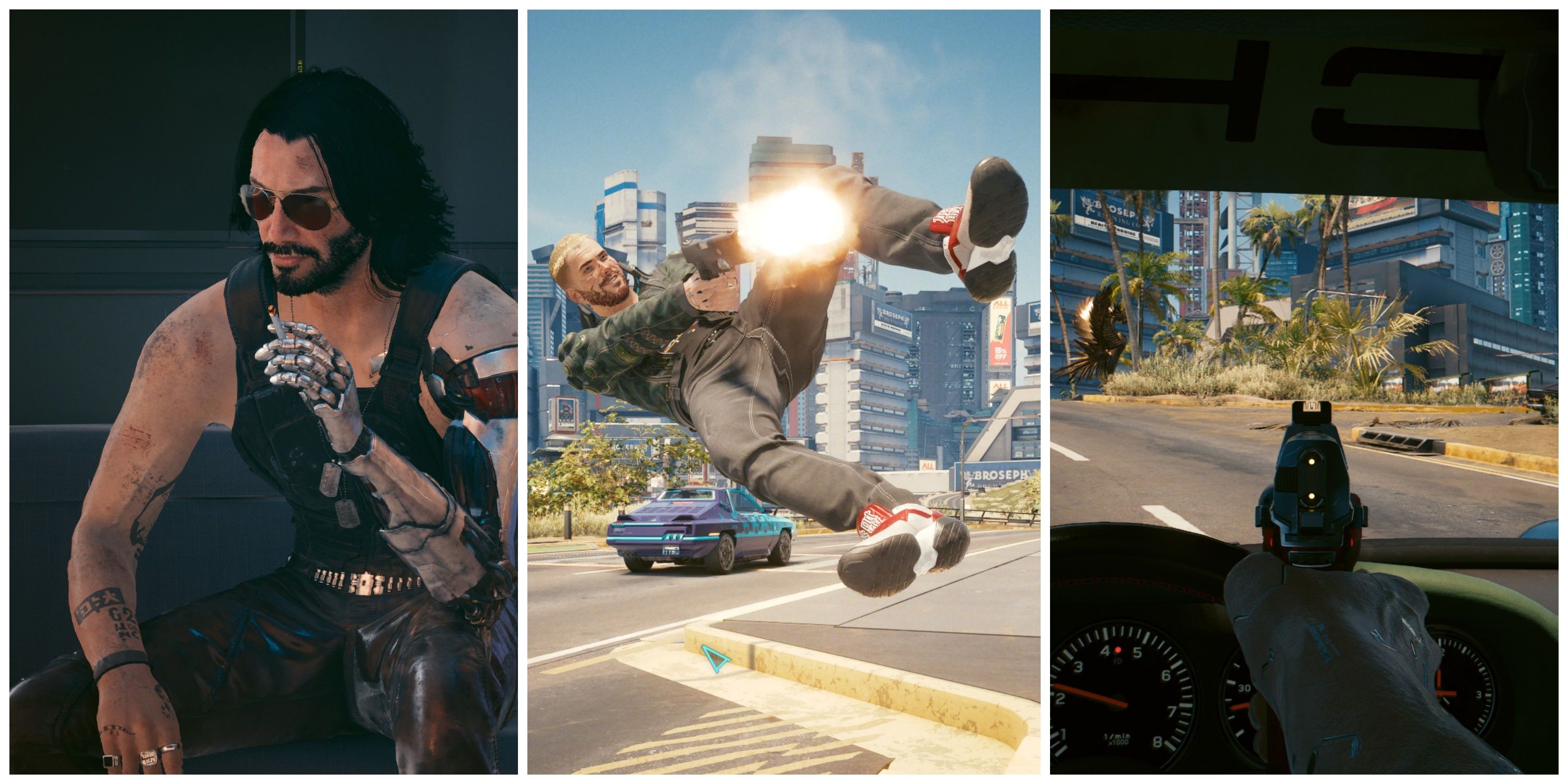 johnny silverhand sitting down, v shooting a pistol in mid-air, shooting a gun in a car in Cyberpunk 2077