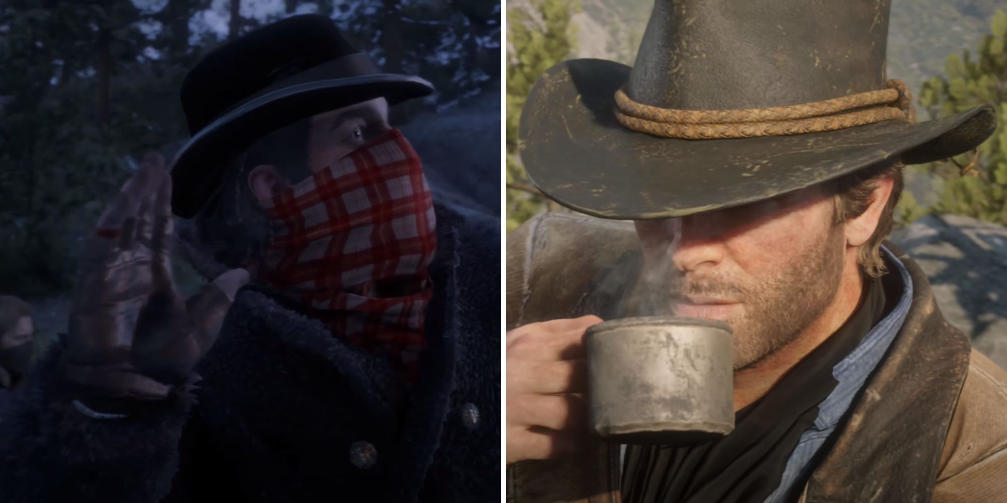 A split image of Dutch wearing a red and white mask holding his arms up, and Arthur wearing a black hat and drinking from a metal cup.