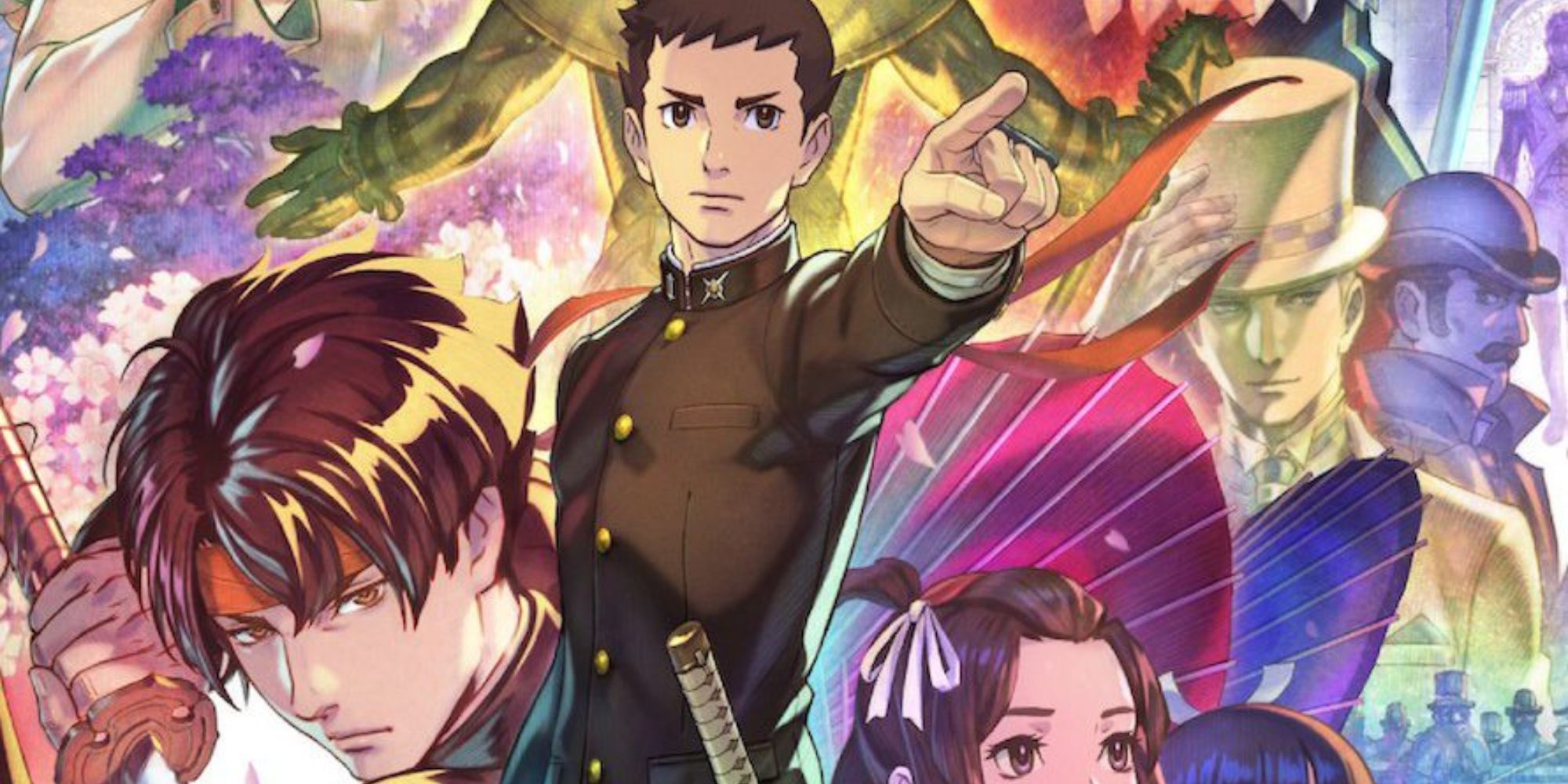 Ryunosuke Naruhodo points forward while other characters stand behind him.