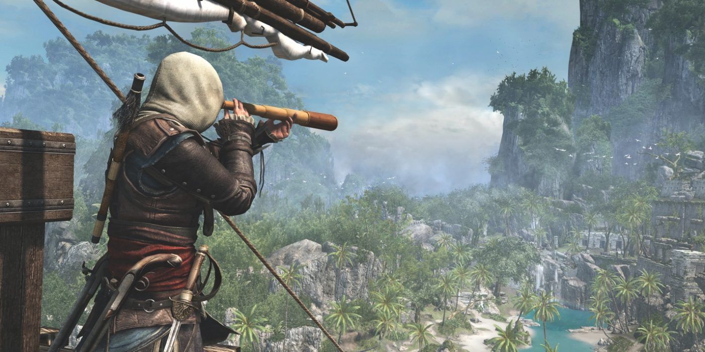 Edward Kenway gazing down a telescope in Assassin's Creed 4 Black Flag