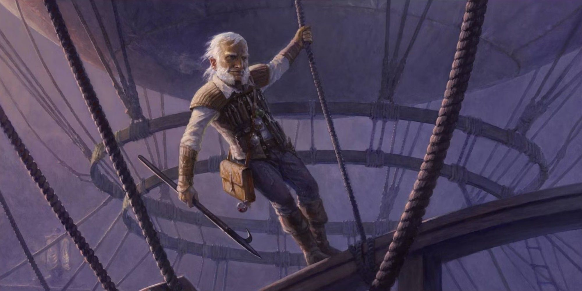 Oswald Fiddlebender the gnome artificer hanging from a rope on a skyship.