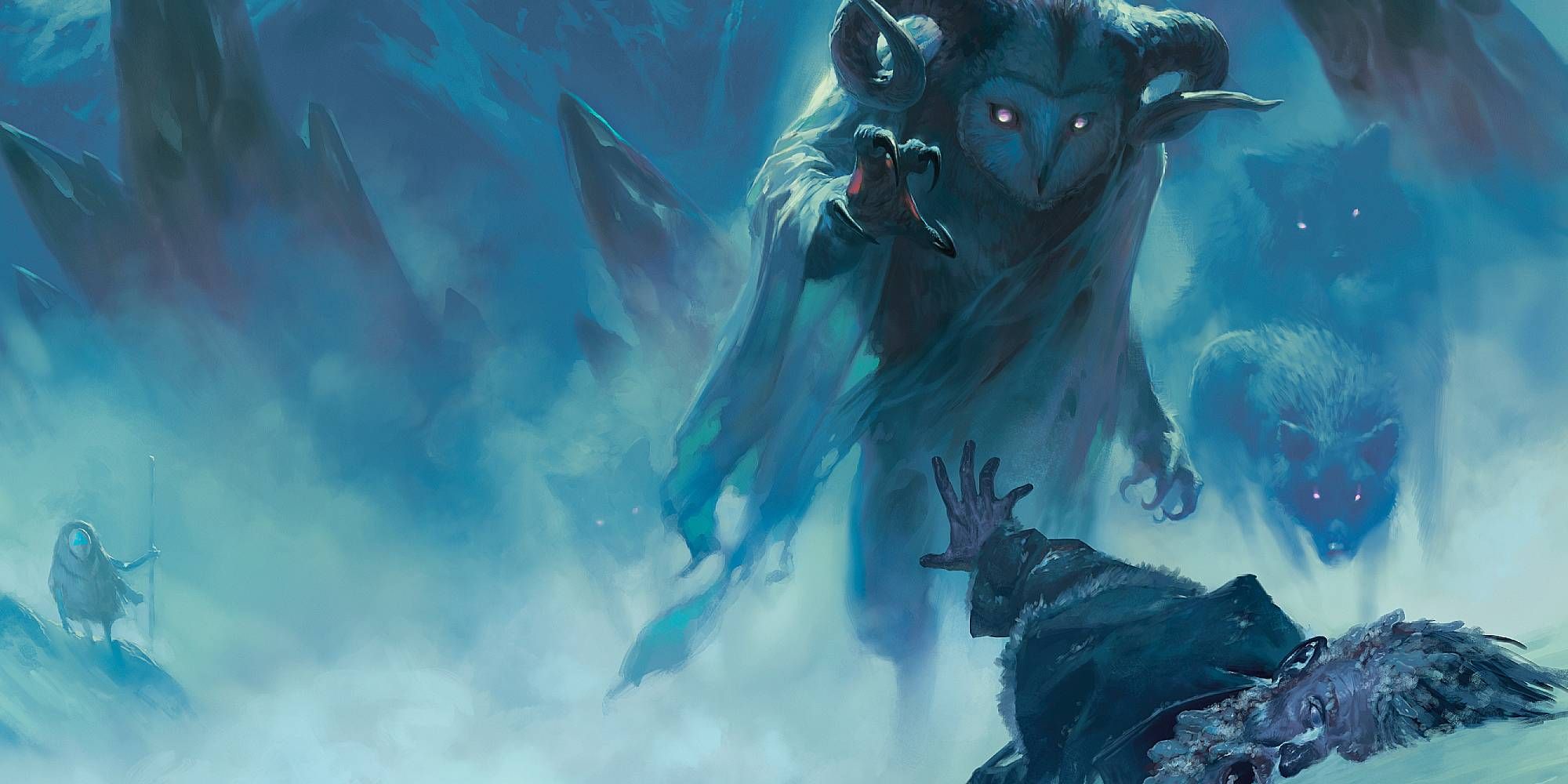 An owl creature stands atop a frozen man half sunken in the snow from Dungeons & Dragons.