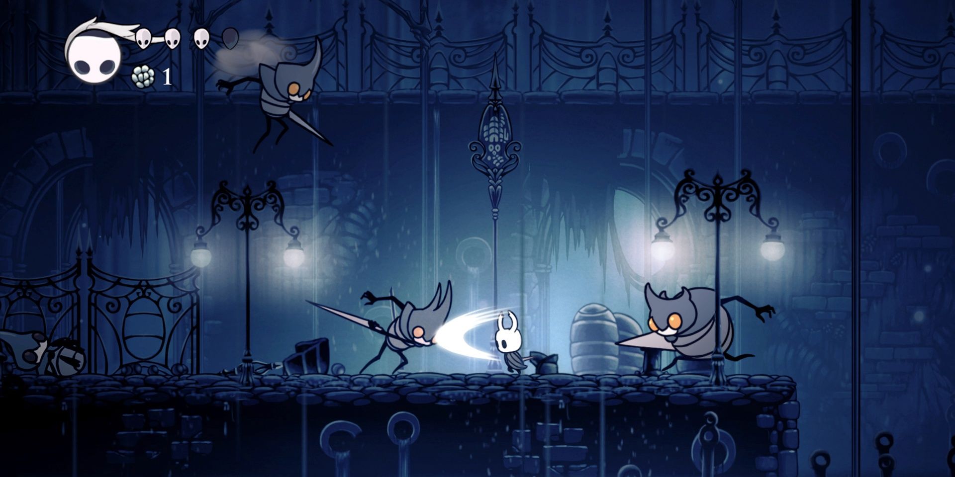 Knight fighting enemies in Hollow Knight.