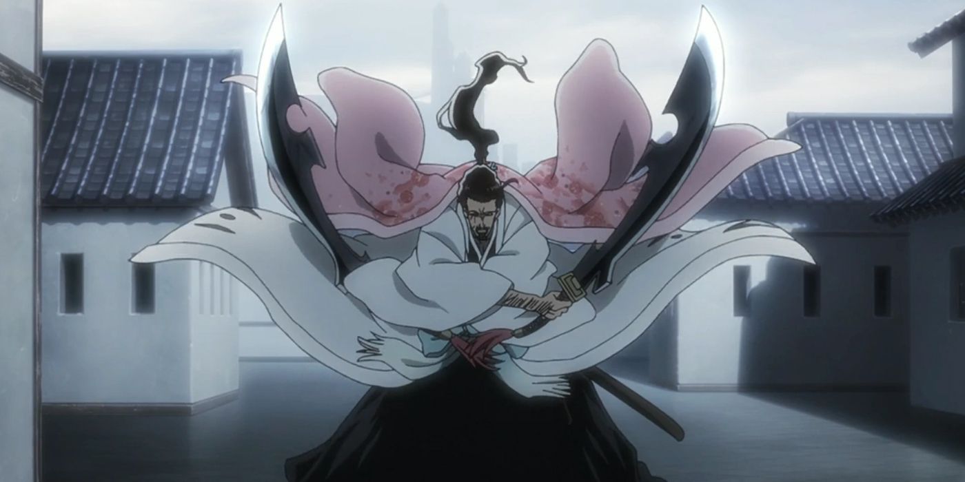 Shunsui Kyoraku uses his Shikai against a Sternritter in Bleach: The Thousand-Year Blood War.