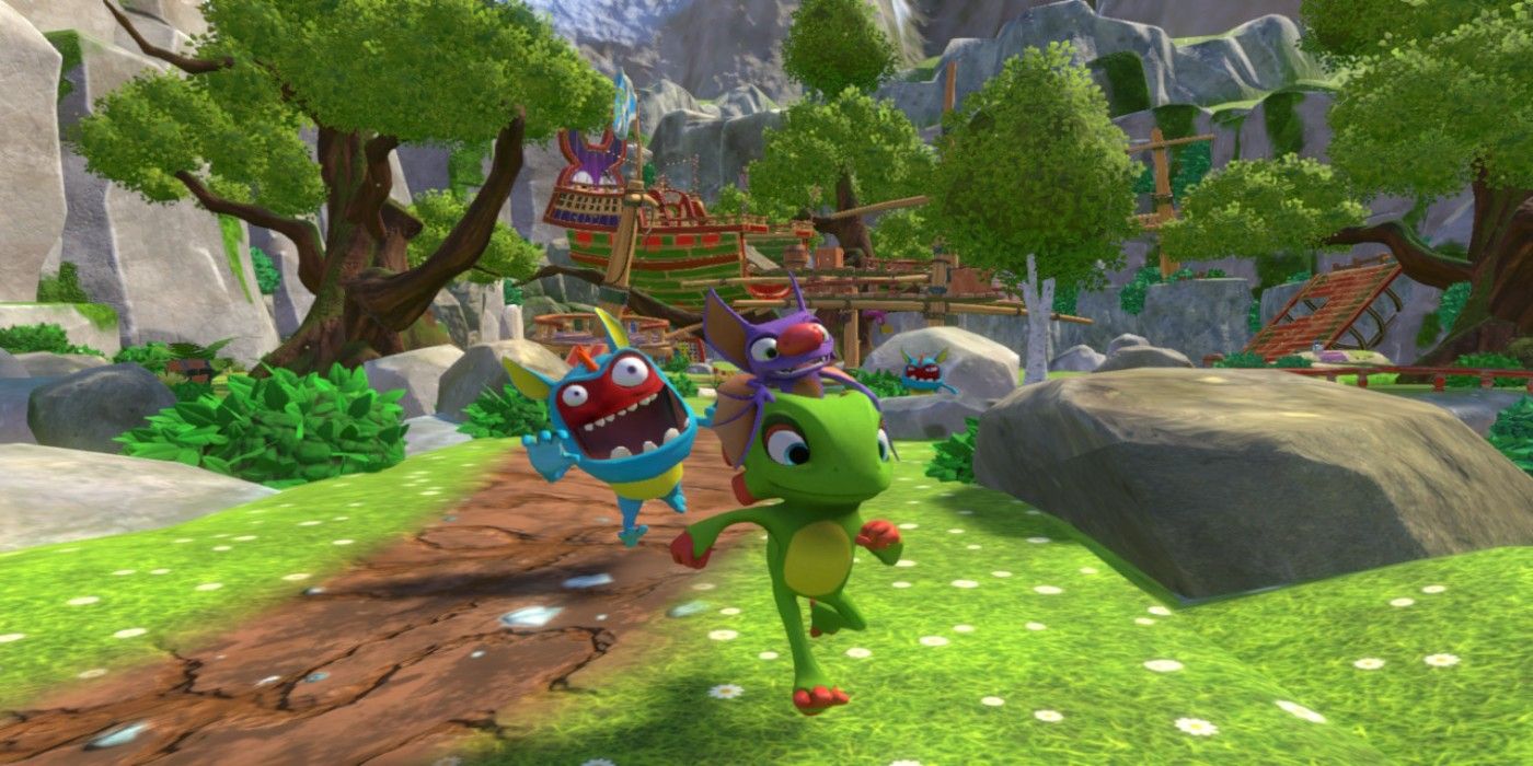 yooka and laylee running from a blue monster enemy.