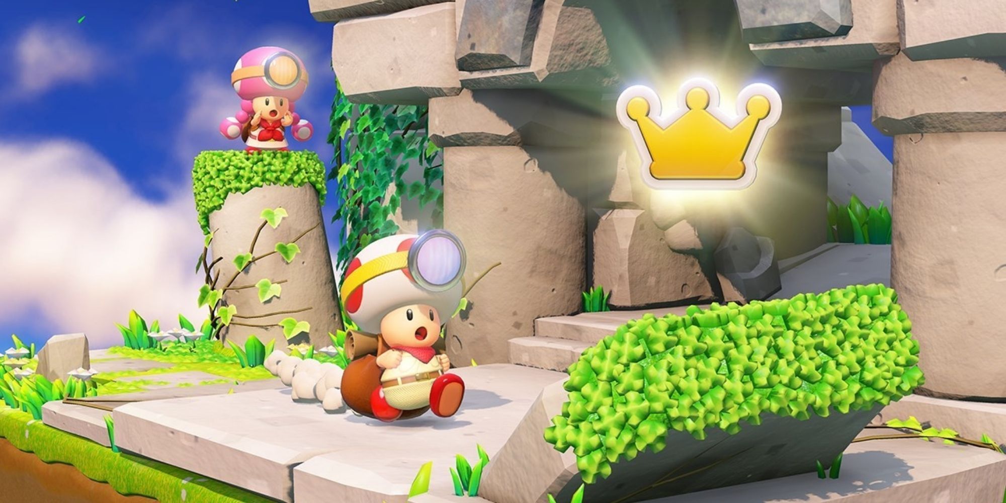 Toadette watches over Captain Toad as he heads toward treasure in Captain Toad: Treasure Tracker.