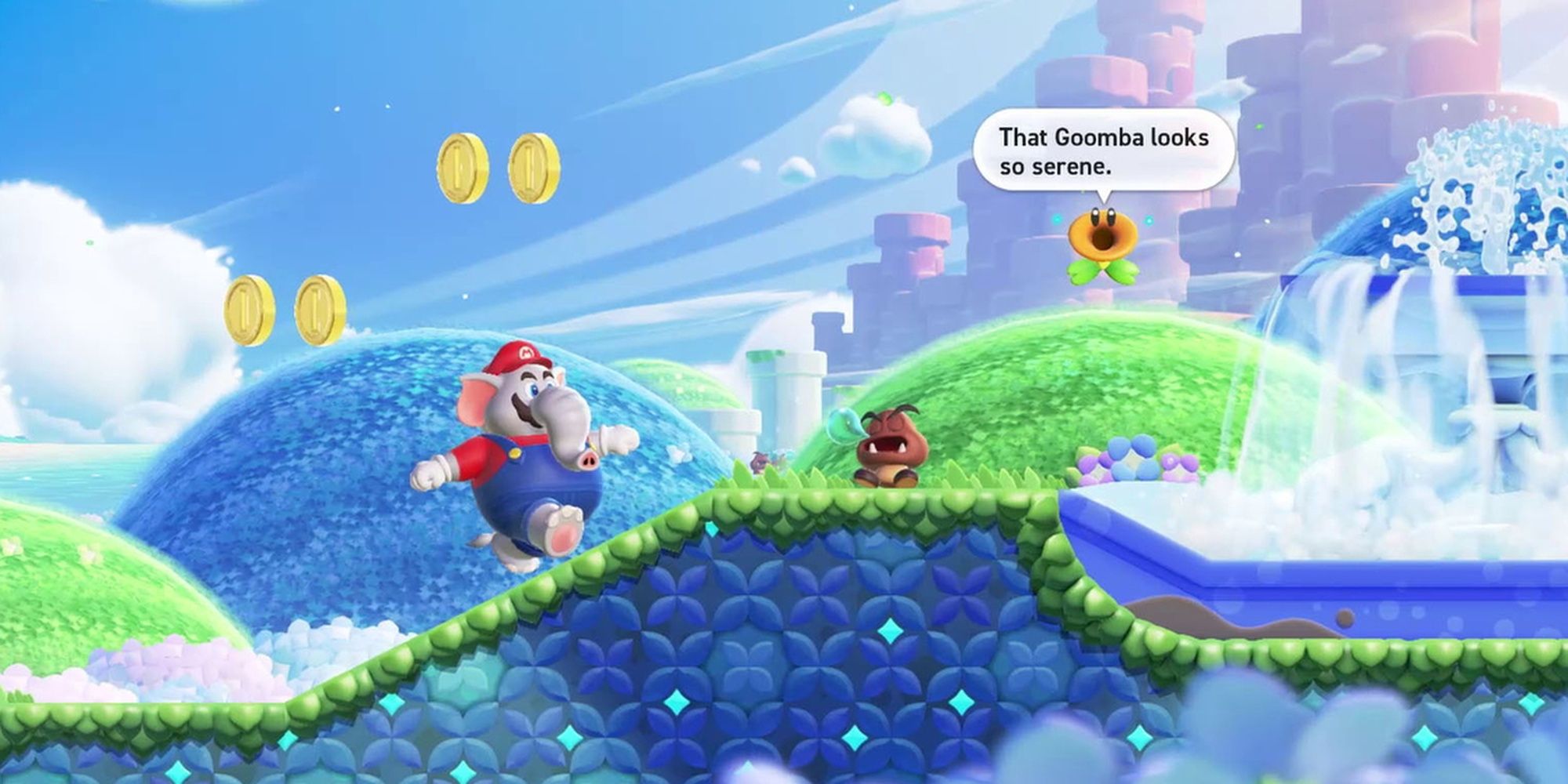 Super Mario Wonder: Marios New Elephant Form About To Trample A Goomba.