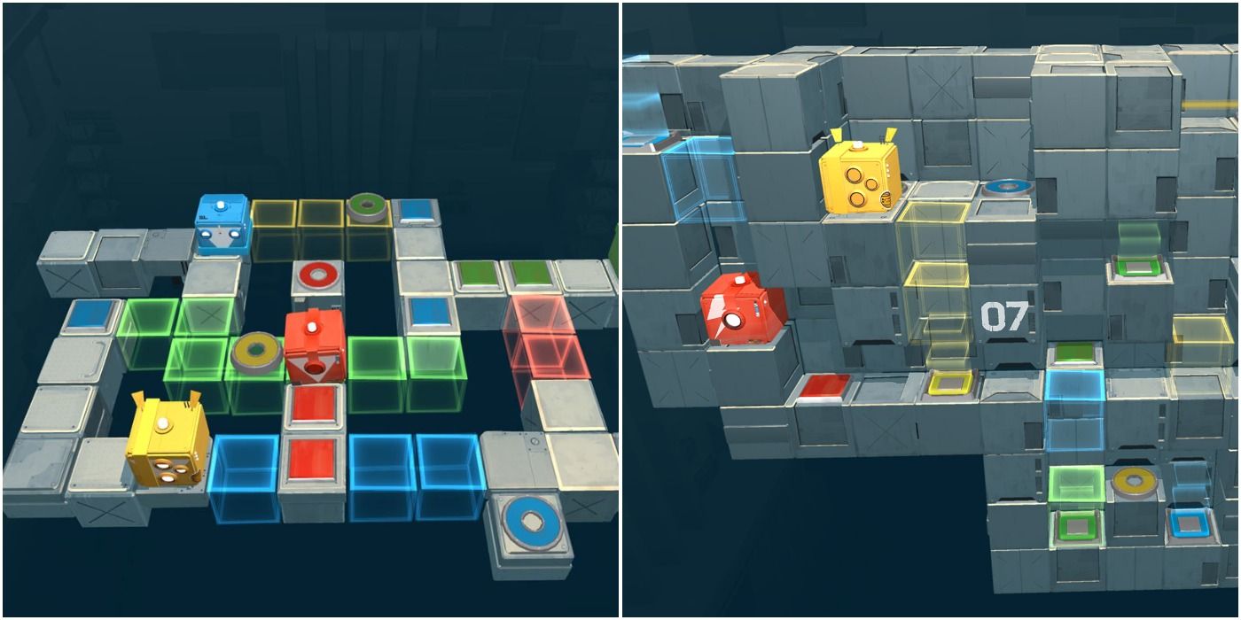 split image of multi colored block puzzles in Death Squared