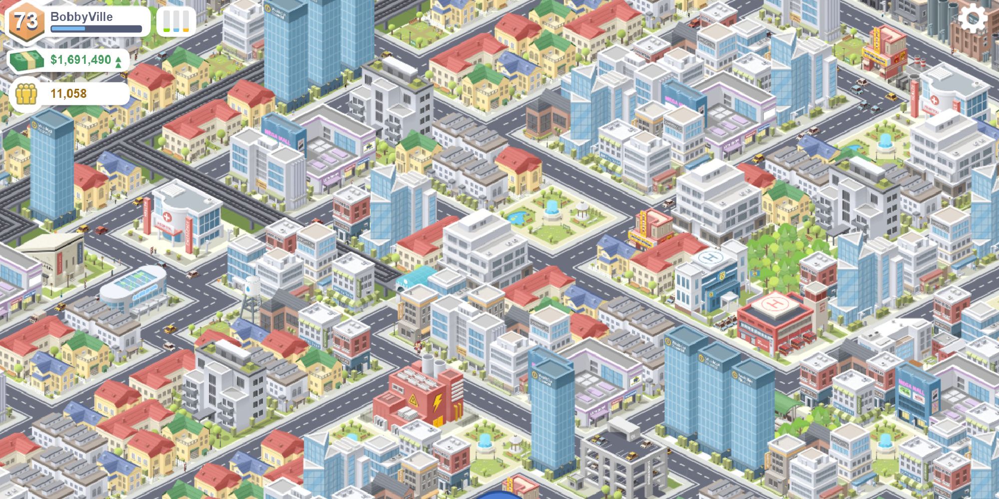 In-game screenshot of Pocket City, showing an isometric view of a bustling city. 