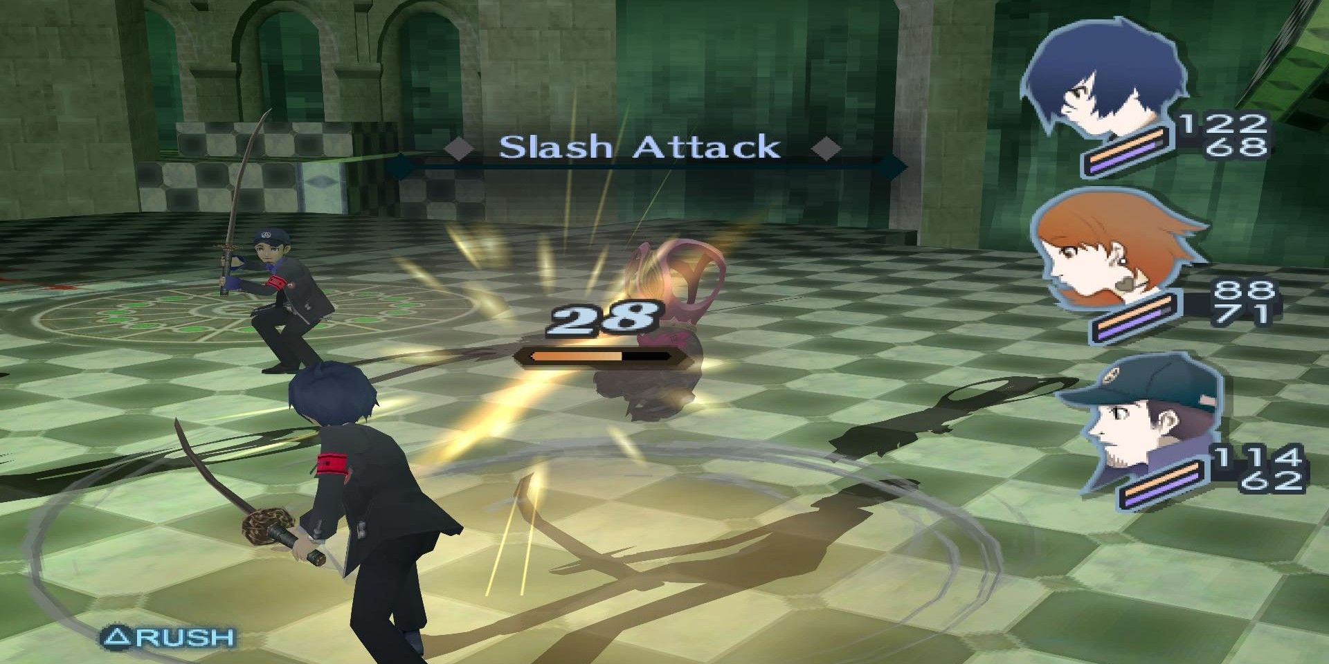 Persona 3 FES main character slashing at an enemy.