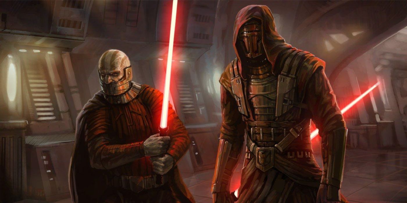 Darth Malak and Darth Revan holding red lightsabers in Star Wars: Knights of the Old Republic.