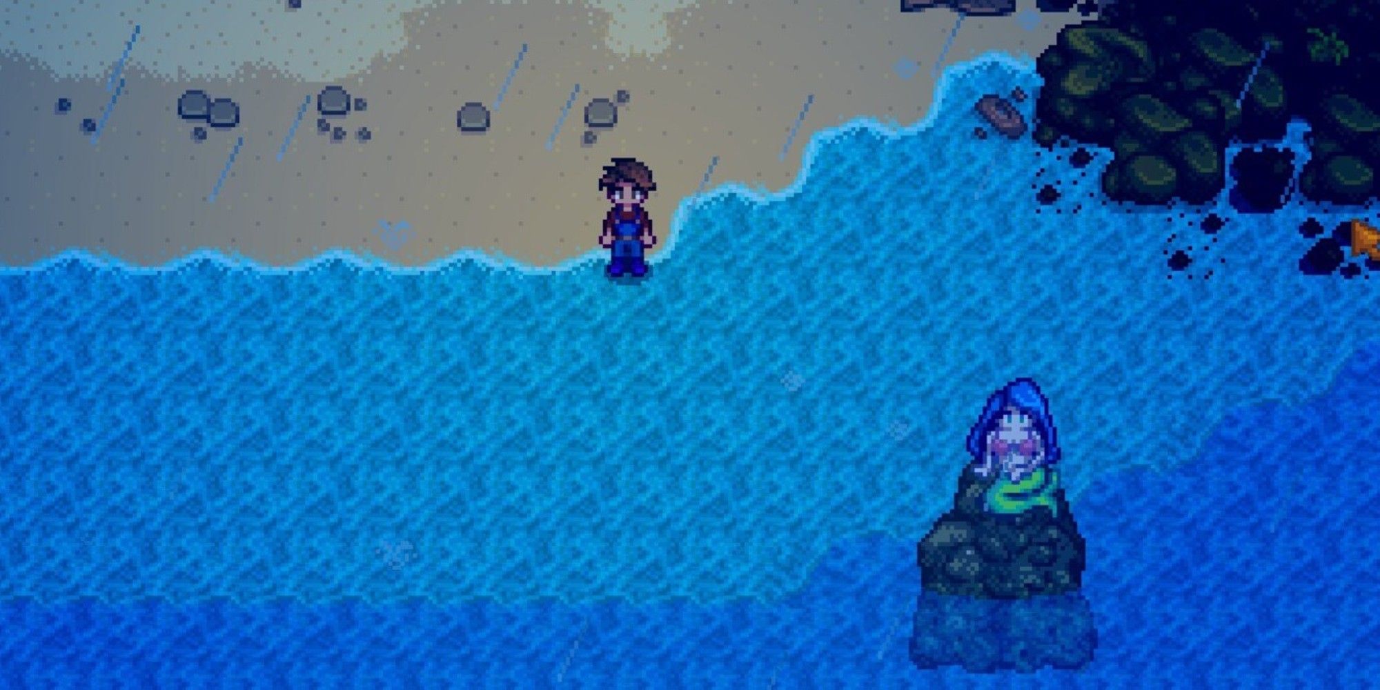 A player standing near beach with ginger island mermaid in Stardew Valley