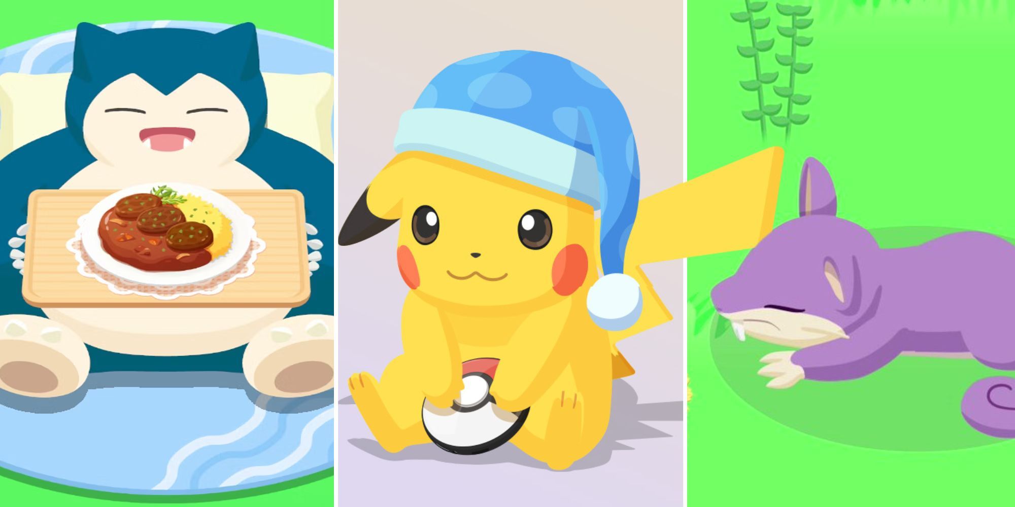 Snorlax, Pikachu in pajamas, and sleeping ratata