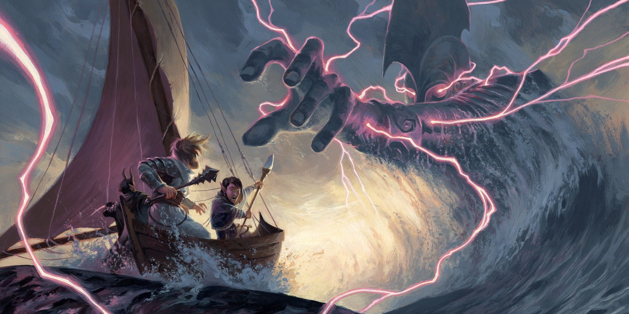 Water giant reaches for boat and lightning crackles in D&D art.