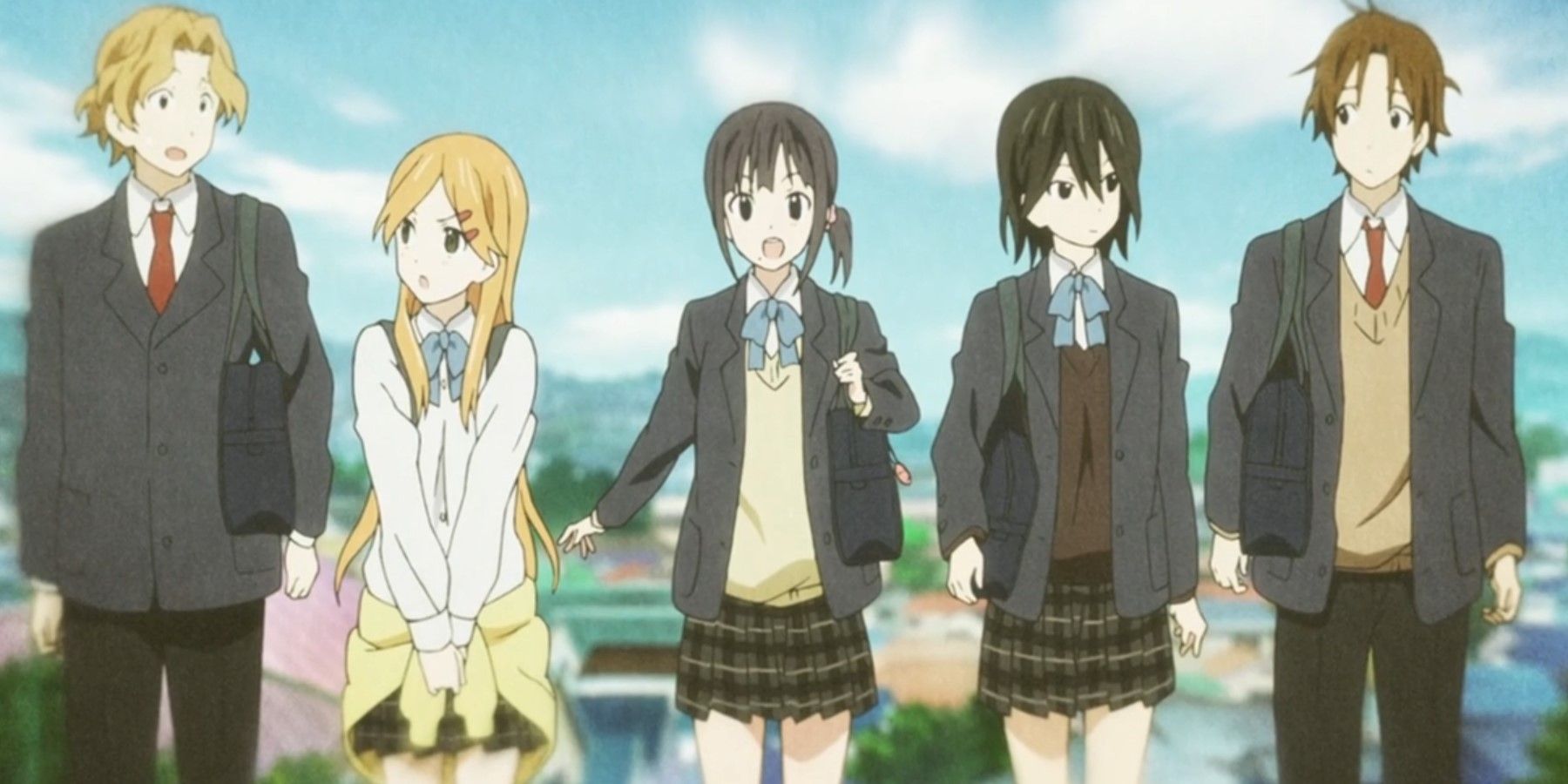 Kokoro Connect the five main characters walking to school