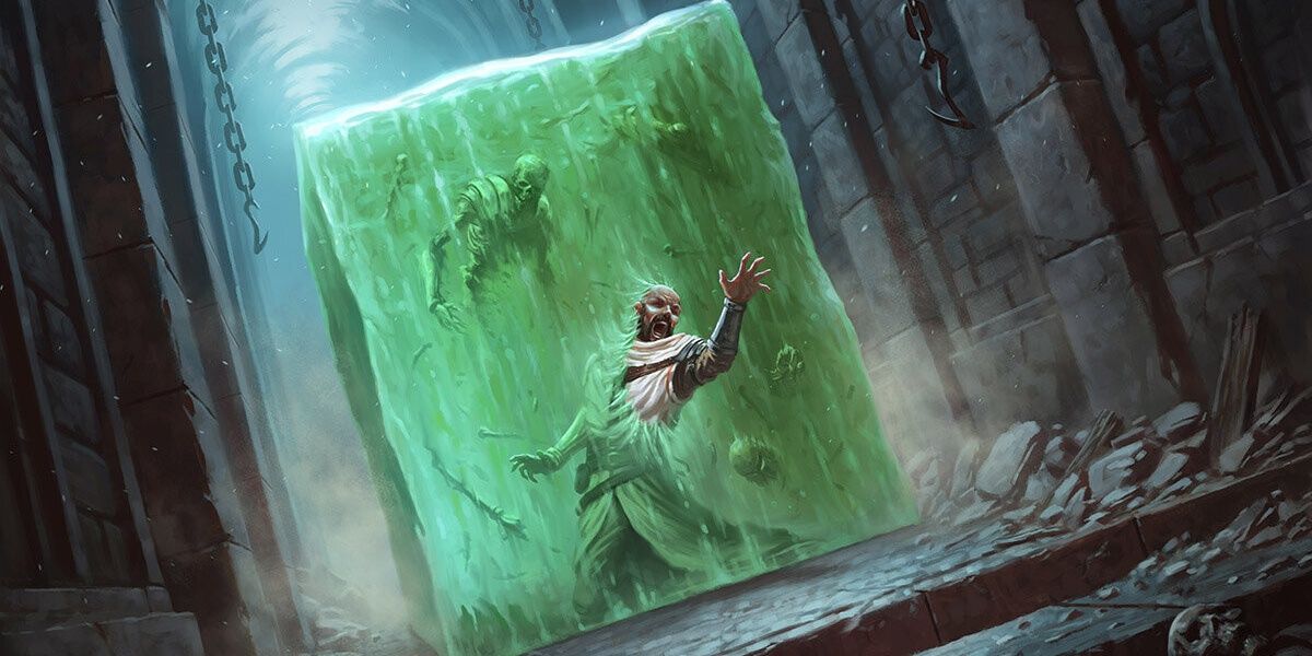 A gelatinous cube engulfs a screaming man in a dungeon.