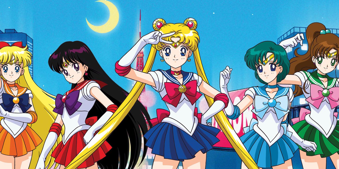 The Sailor Senshi, from left to right: Sailor Venus, Sailor Mars, Sailor Moon, Sailor Mercury, and Sailor Jupiter.