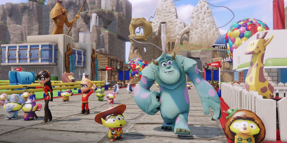 Disney Infinity: Sulley and the Incredibles wandering in the Toy Box.