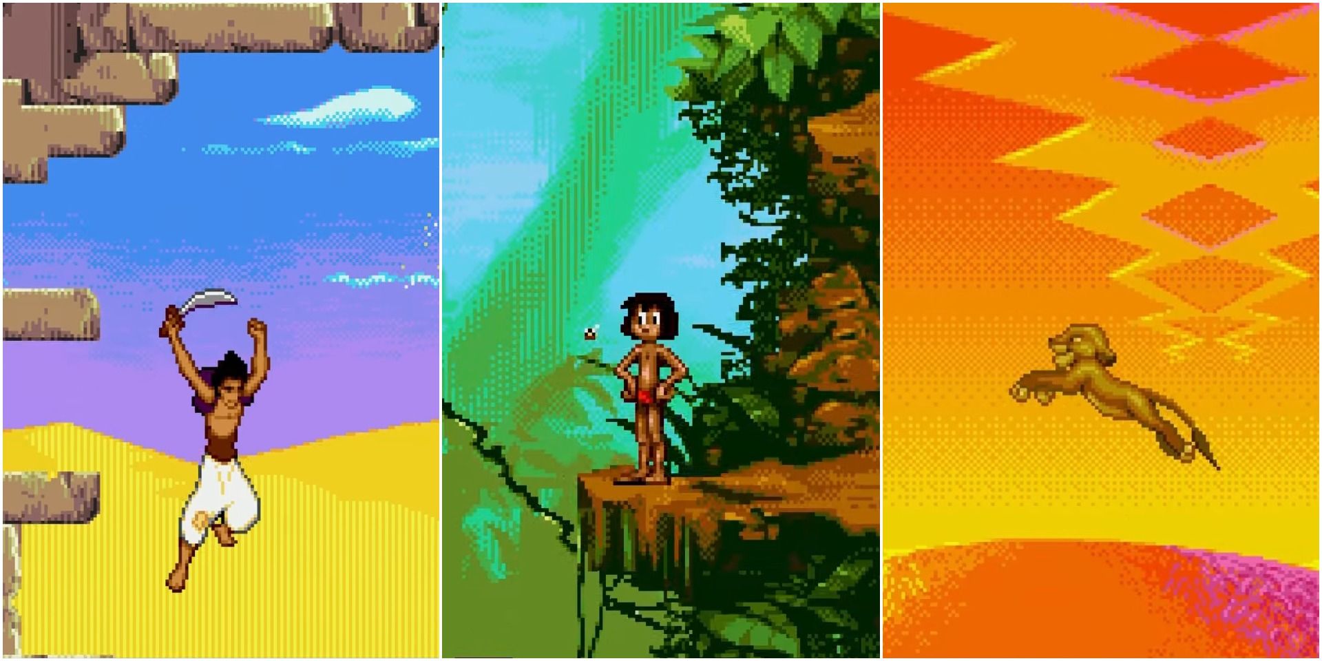 A collage showing gameplay from Aladdin, The Jungle Book and The Lion King in the Disney Classic Games Collection.