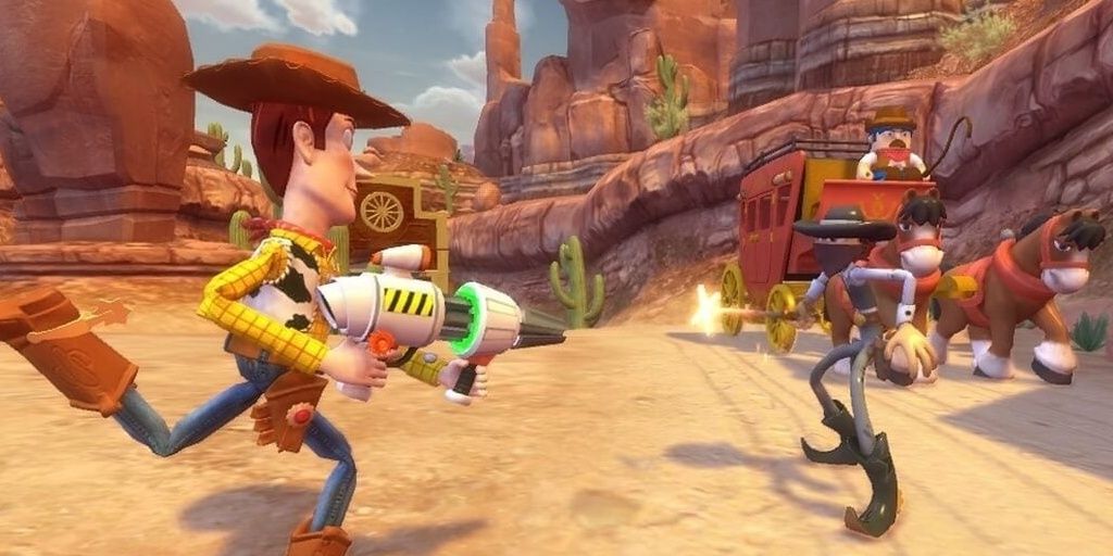 Woody shooting at a bandit in Toy Story 3 toybox mode for PS3.