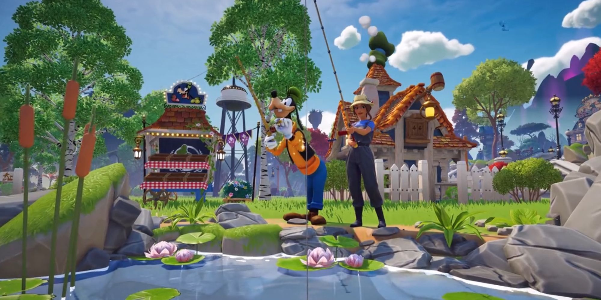 A woman fishing with Goofy in the Meadow in Disney Dreamlight Valley.