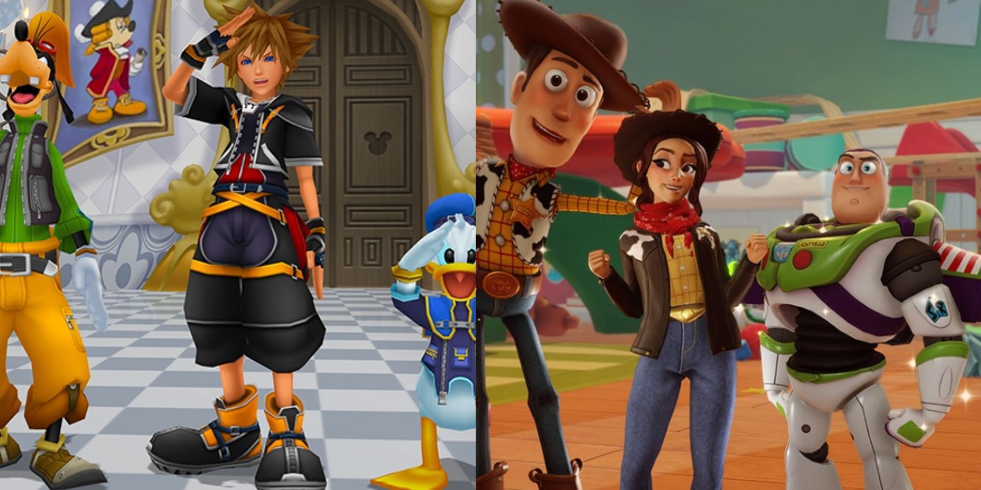 Goofy, Sora, and Donald saluting from Kingdom Hearts; Woody, a cowgirl avatar, and Buzz in Disney Dreamlight Valley