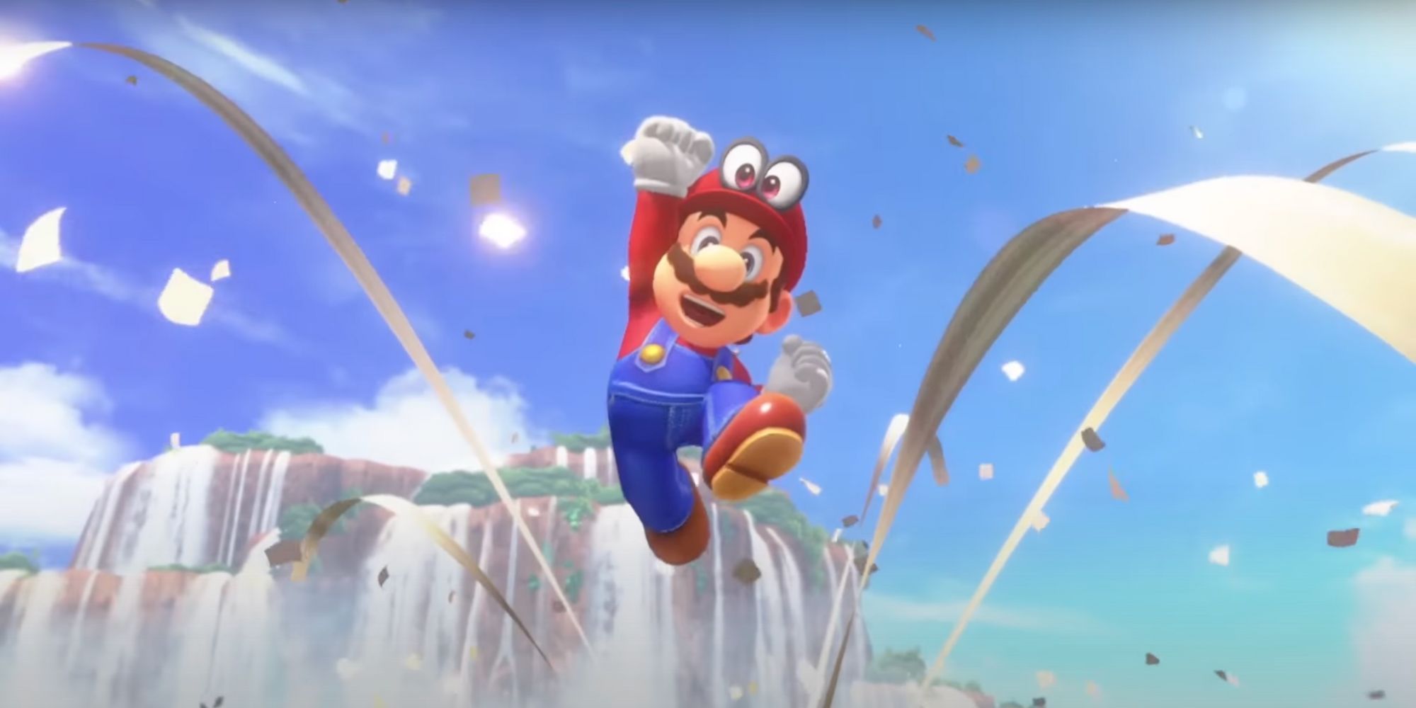 Mario jumps in Cascade Kingdom in Super Mario Odyssey