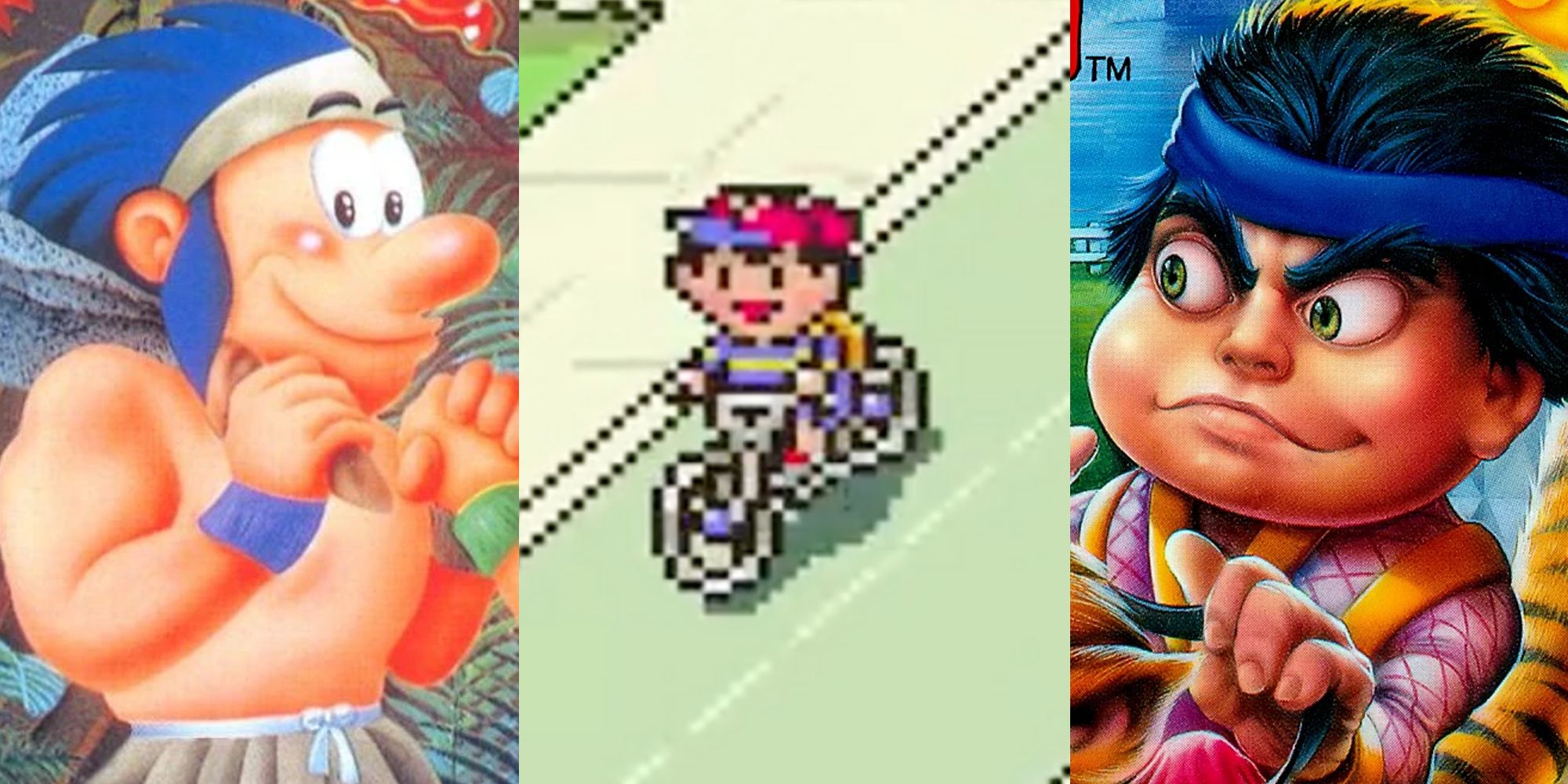 Joe on box art; Ness riding a bike; Goemon on box art