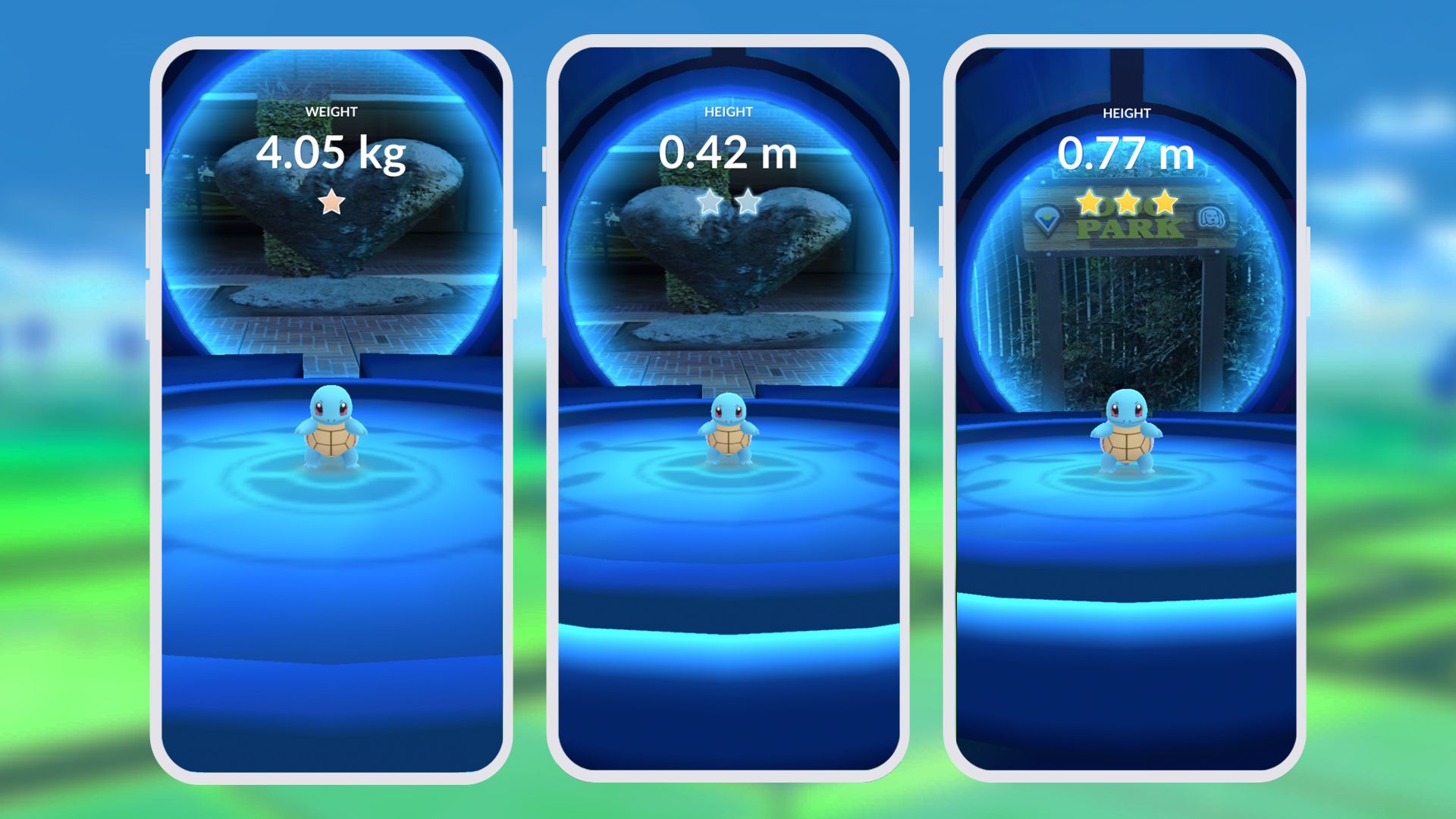 Three phone screens side by side, each with a Squirtle entered into a Pokemon Showcase.