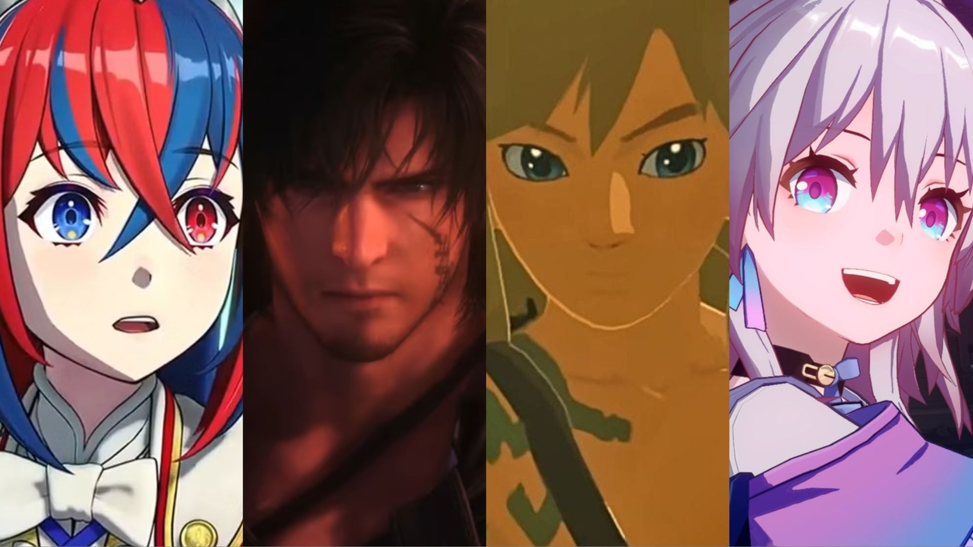 (From left to right) A collage of images showcasing Alear from Fire Emblem Engage, Clive from Final Fantasy 16, Link from The Legend of Zelda: Tears of the Kingdom, and March 7th from Honkai: Star Rail