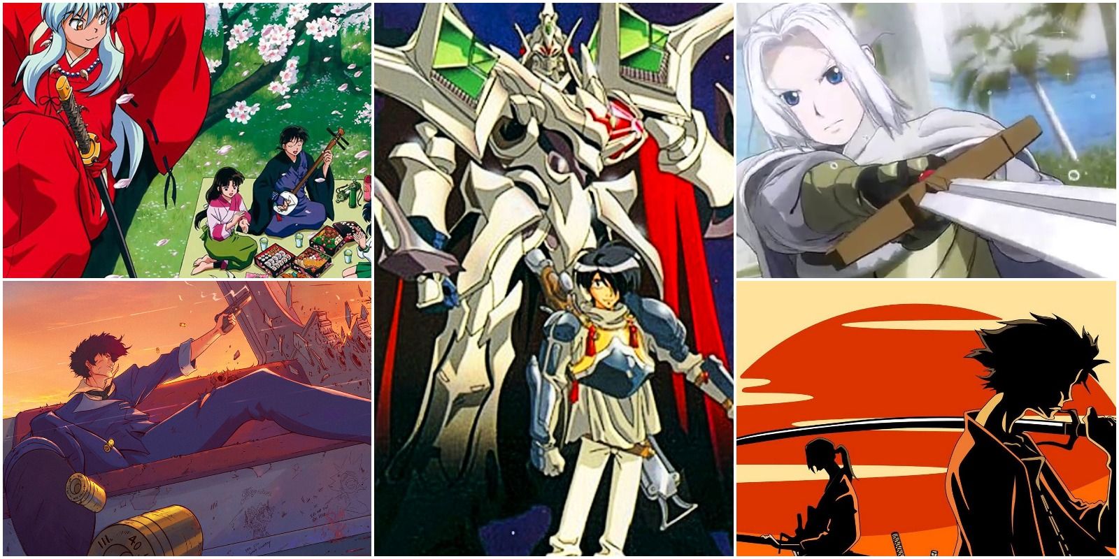 top left: inuyasha. bottom left: cowboy bebop. center: the vision of escaflowne. top right: the heroic legend of arslan. bottom right: samurai champloo.