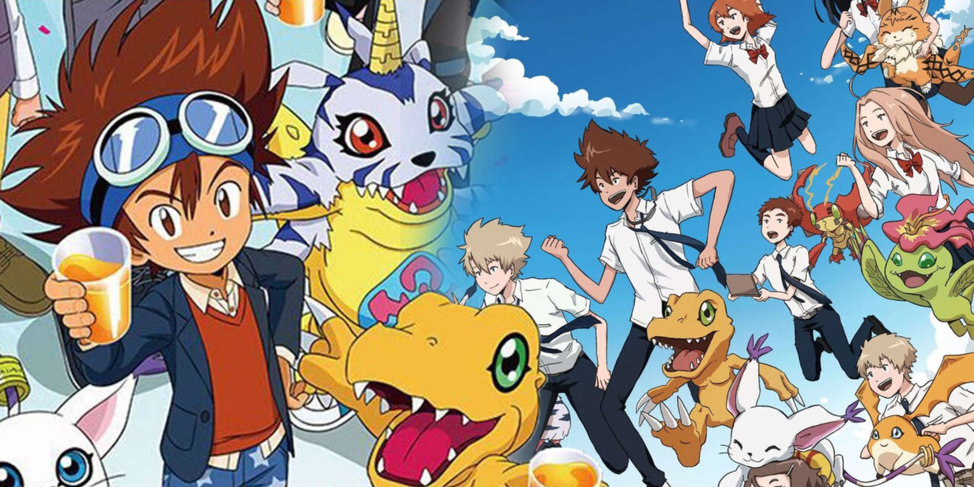 Digimon characters all smiling and flying