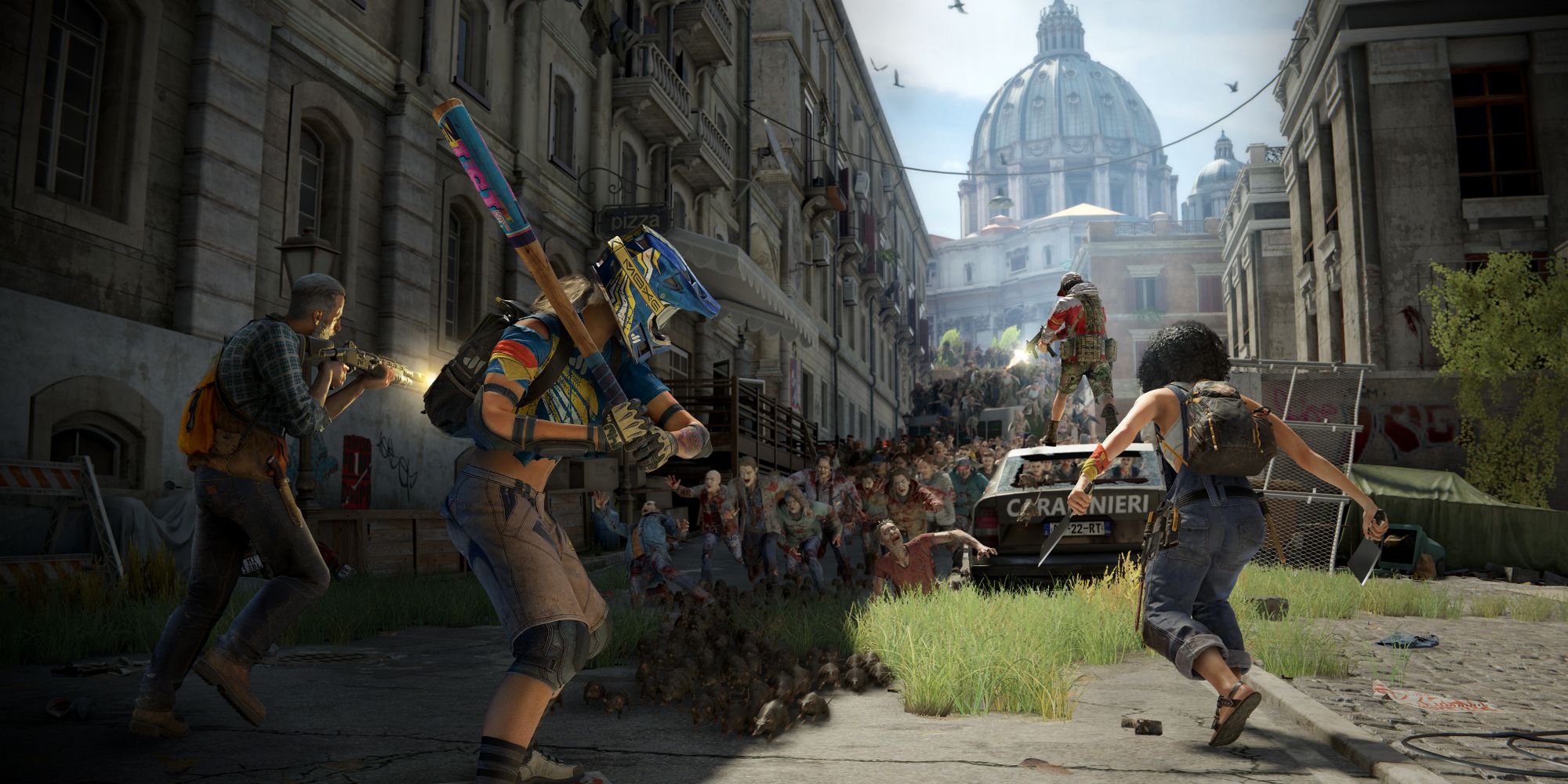 World War Z screenshot of survivors fighting off a zombie horde.