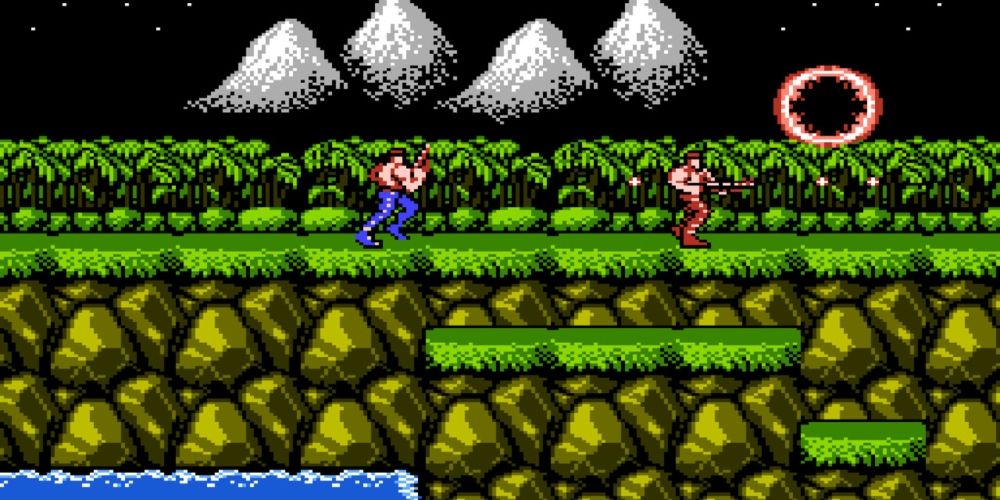 Bill and Lance running through the field with guns in hand in Contra.