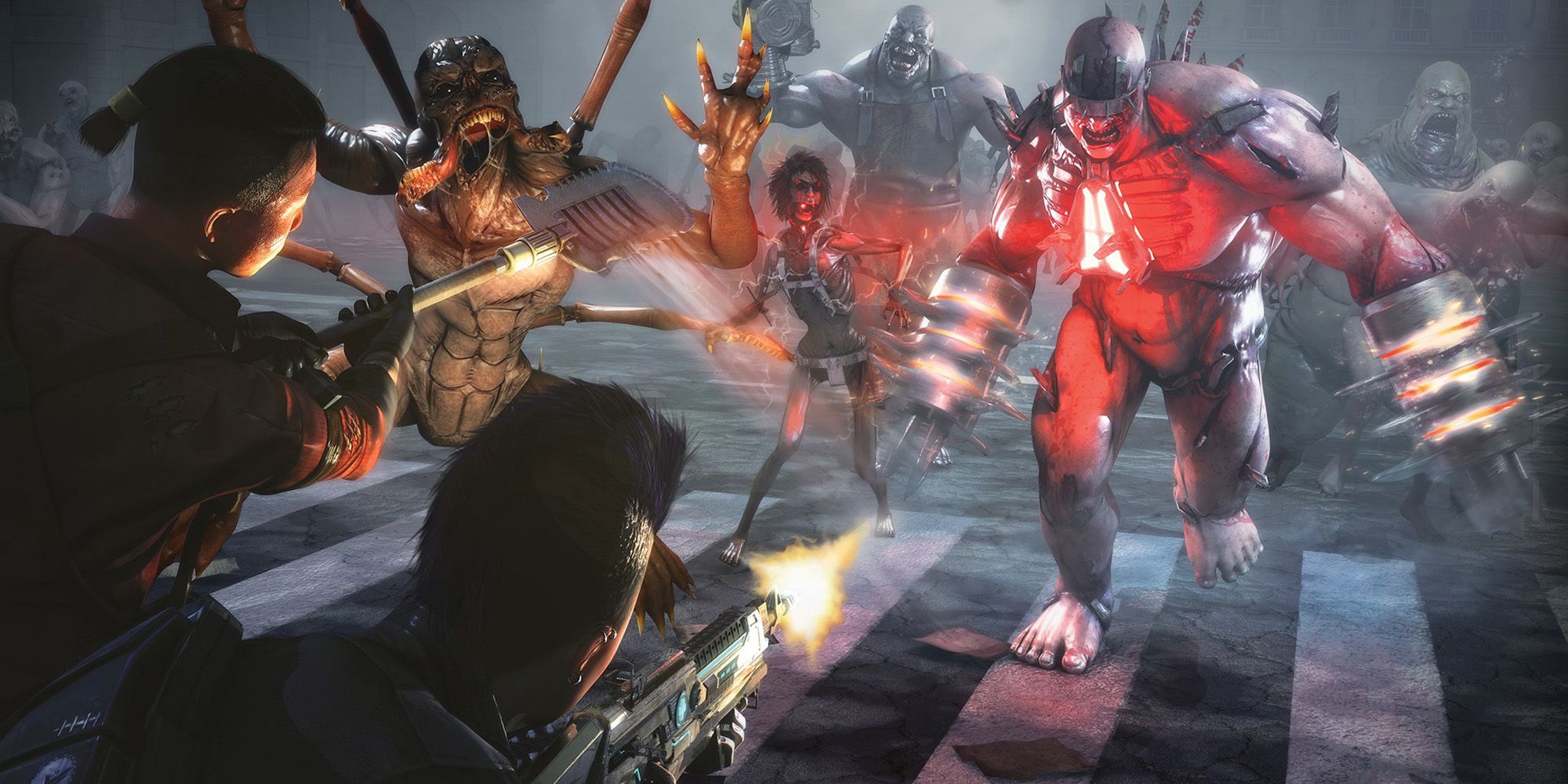 Killing Floor 2 screenshot of a few huge enemies charging a line of players.