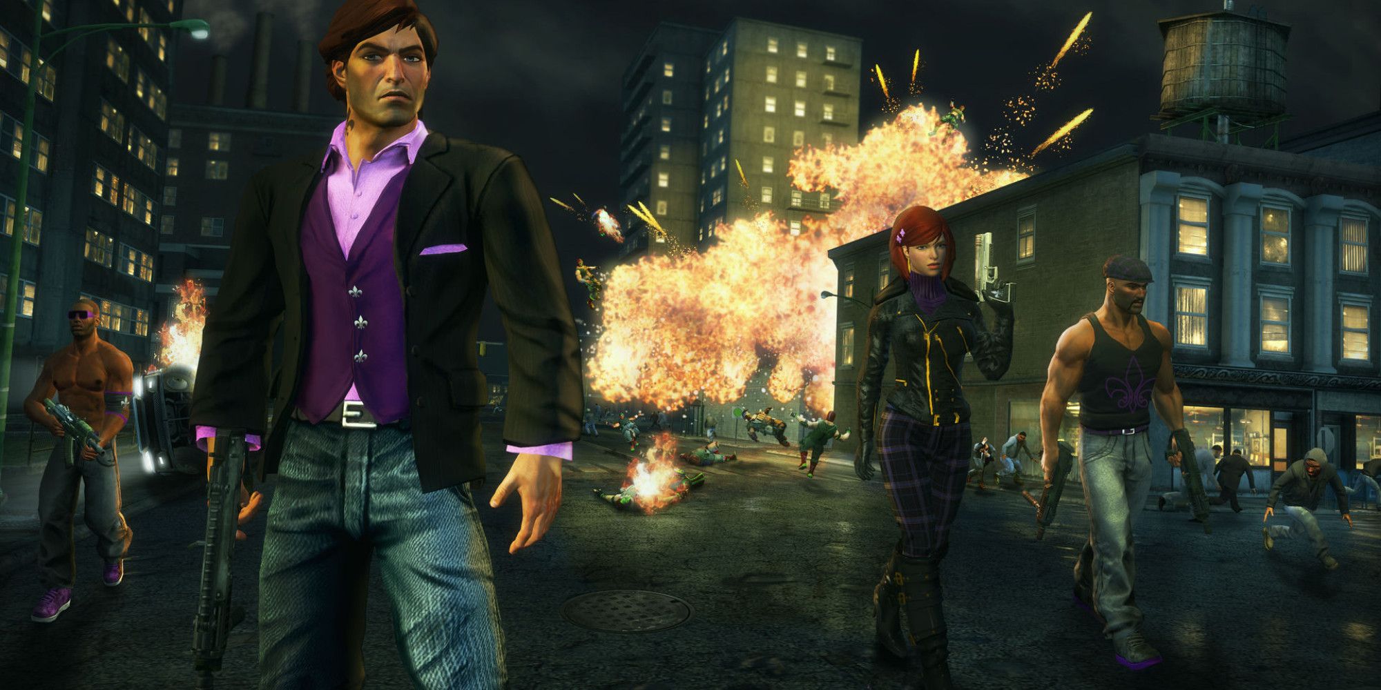 Saints Row The Third screenshot of several characters standing in front of explosion.