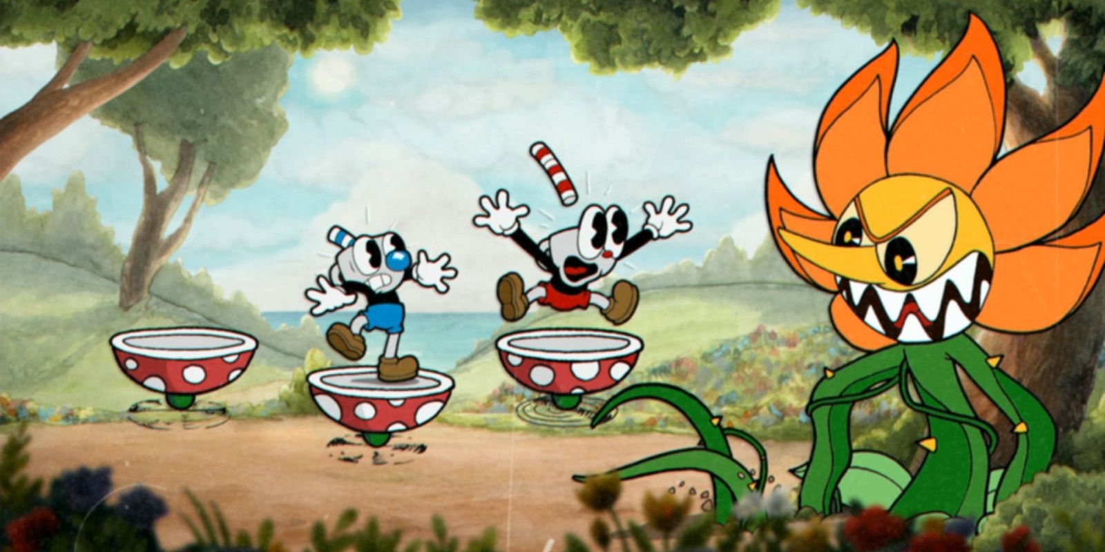 Cuphead screenshot of two players about to take on a large flower in a boss fight.