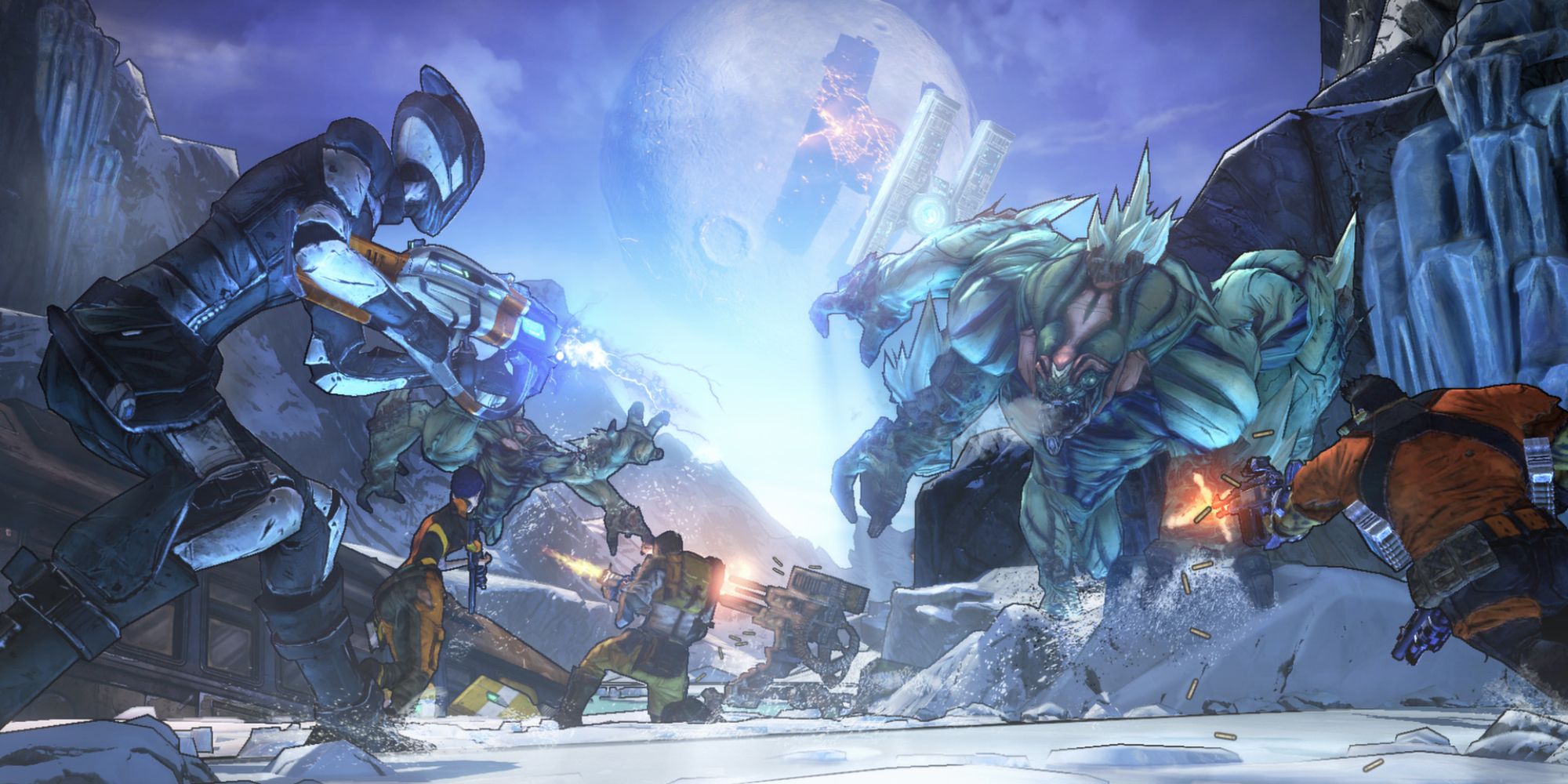 Borderlands 2 screenshot of a group of vault hunters fighting a monster.