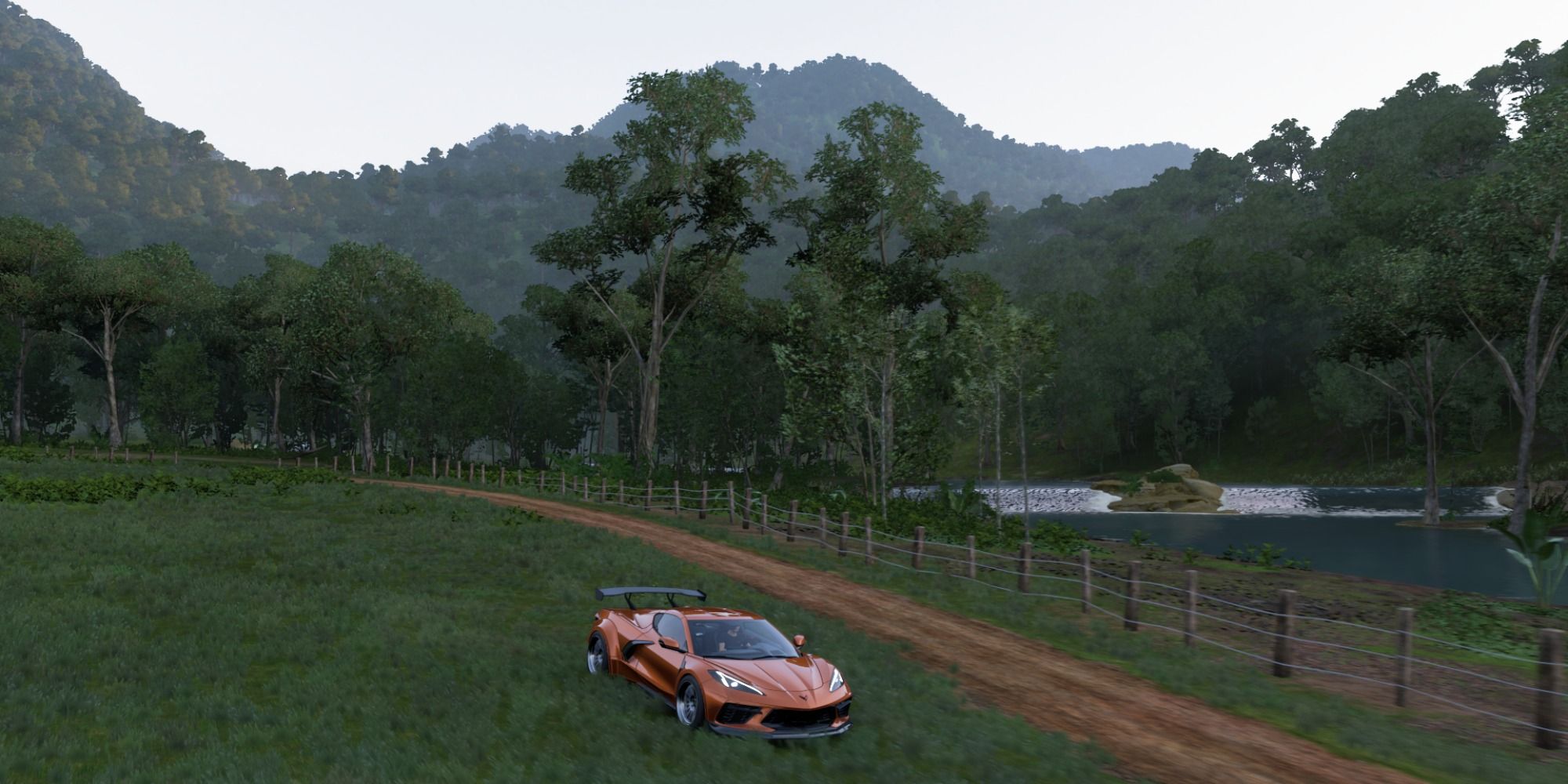 A gorgeous agrarian jungle area near a river in Forza Horizon 5.