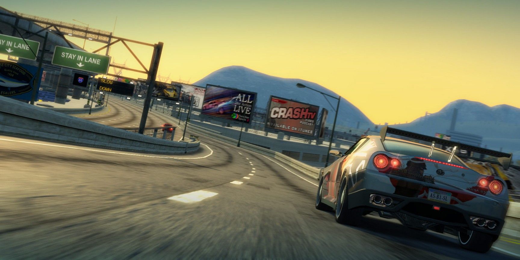 Burnout Paradise screenshot of a race car drifting.