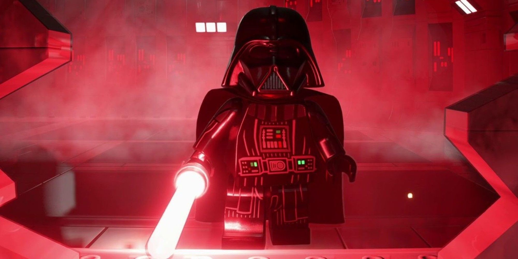 Screenshot of Darth Vader from Lego Star Wars The Skywalker Saga. He's holding a red lightsaber.