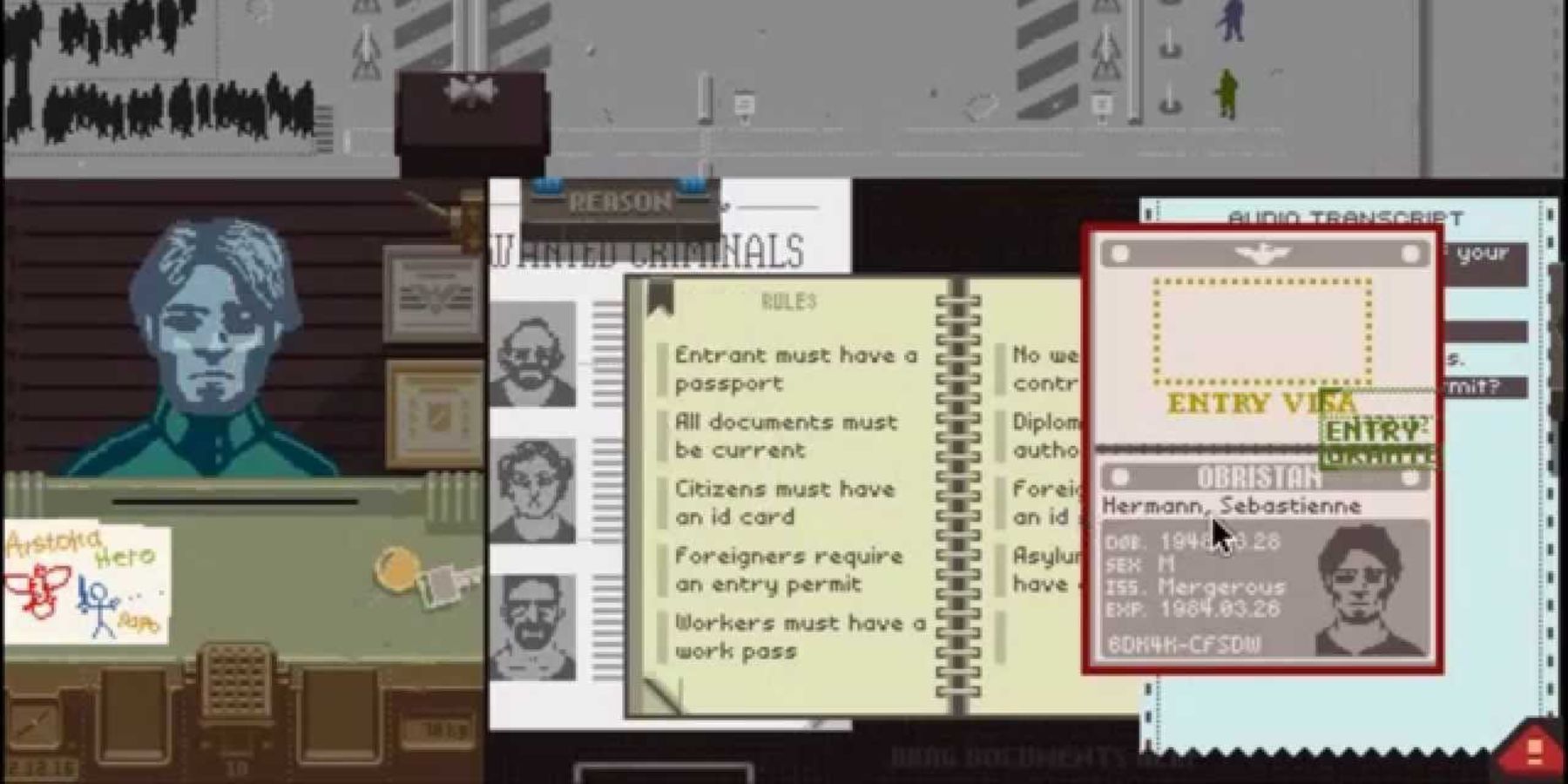 Papers, Please - The player running through his checklist while processing an immigrant's papers