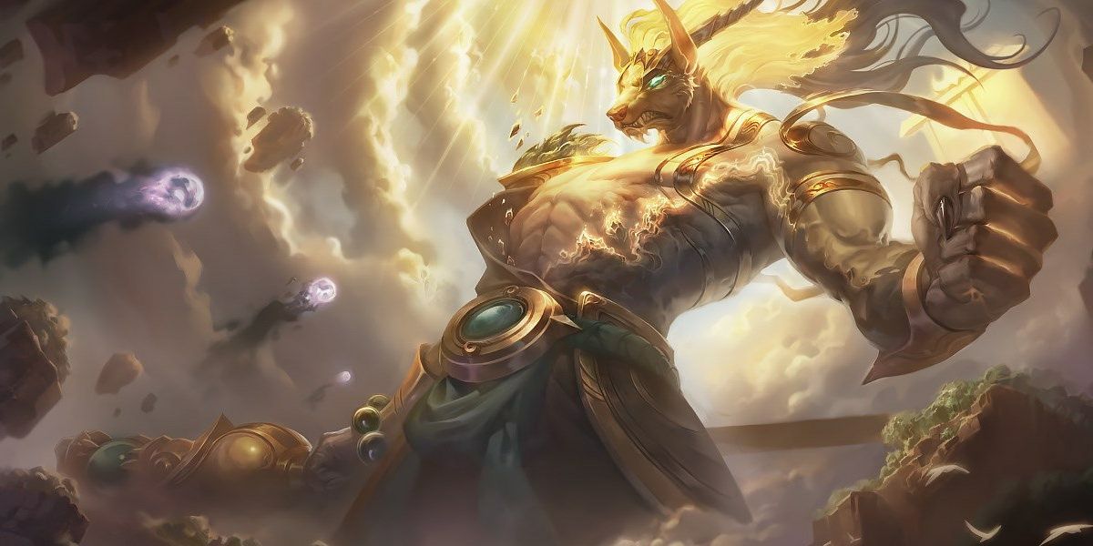 Lunar Guardian Nasus becomes empowered in his League of Legends Splash Art.