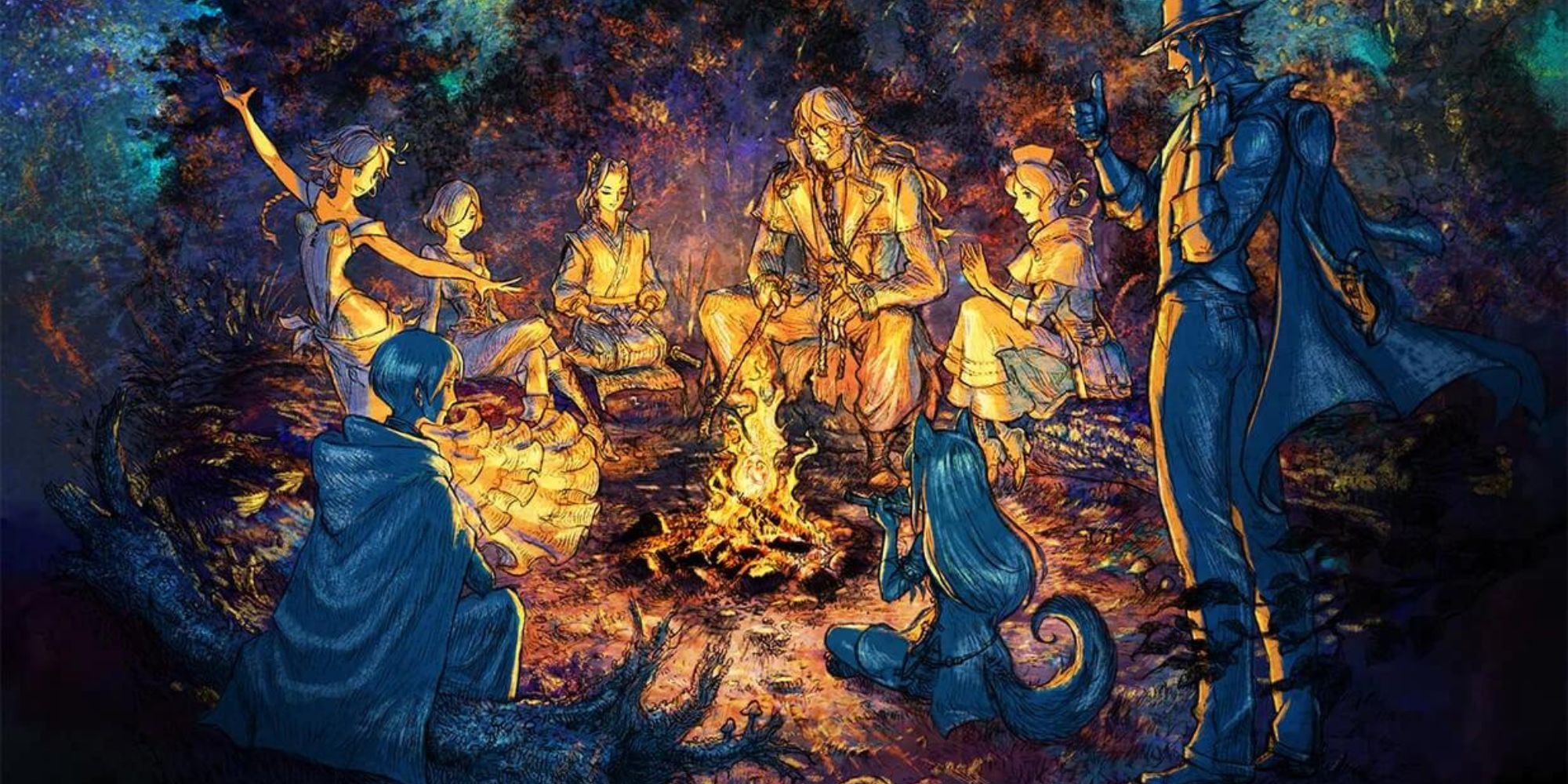 Agnea, Temenos, Hikari, Osvald, Throne, Ochette, Castti, and Portitio gather around a campfire together.