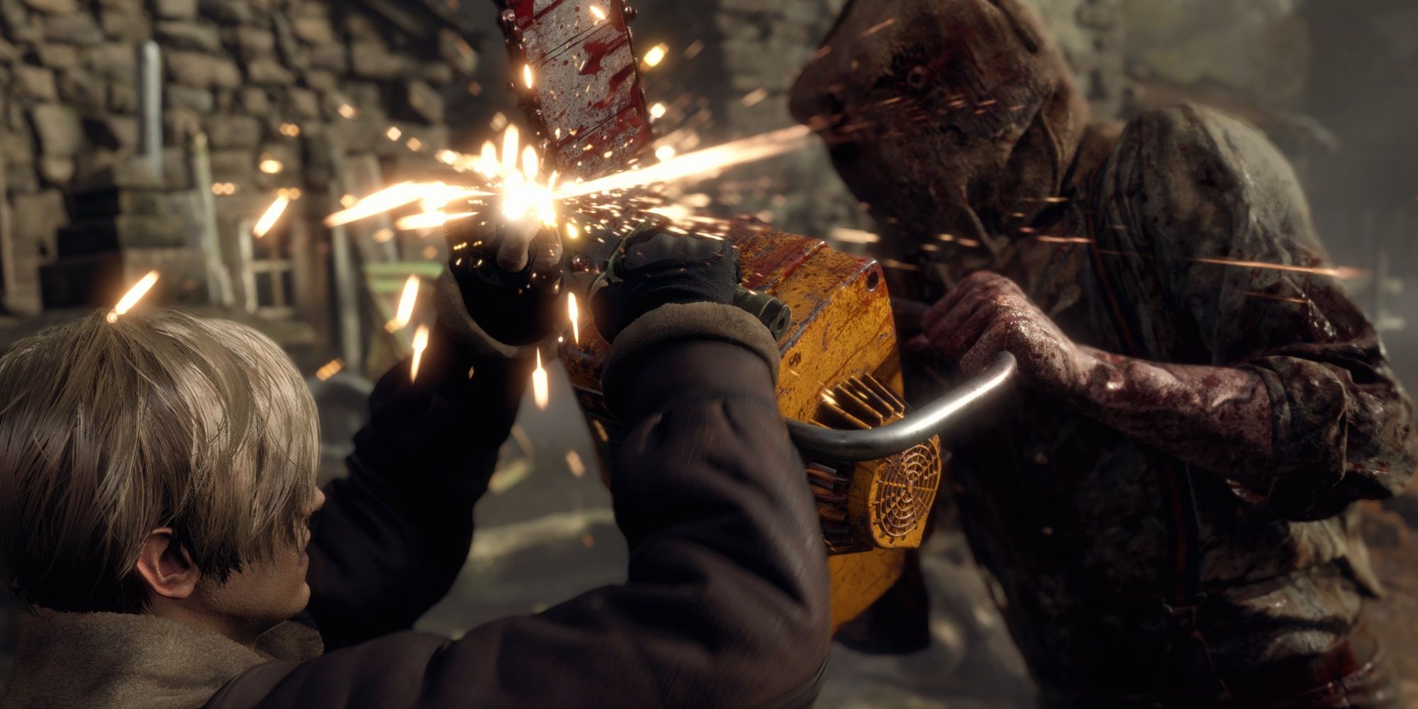 Resident Evil 4 Remake - Leon Uses His Knife To Block Salvador's Chainsaw.