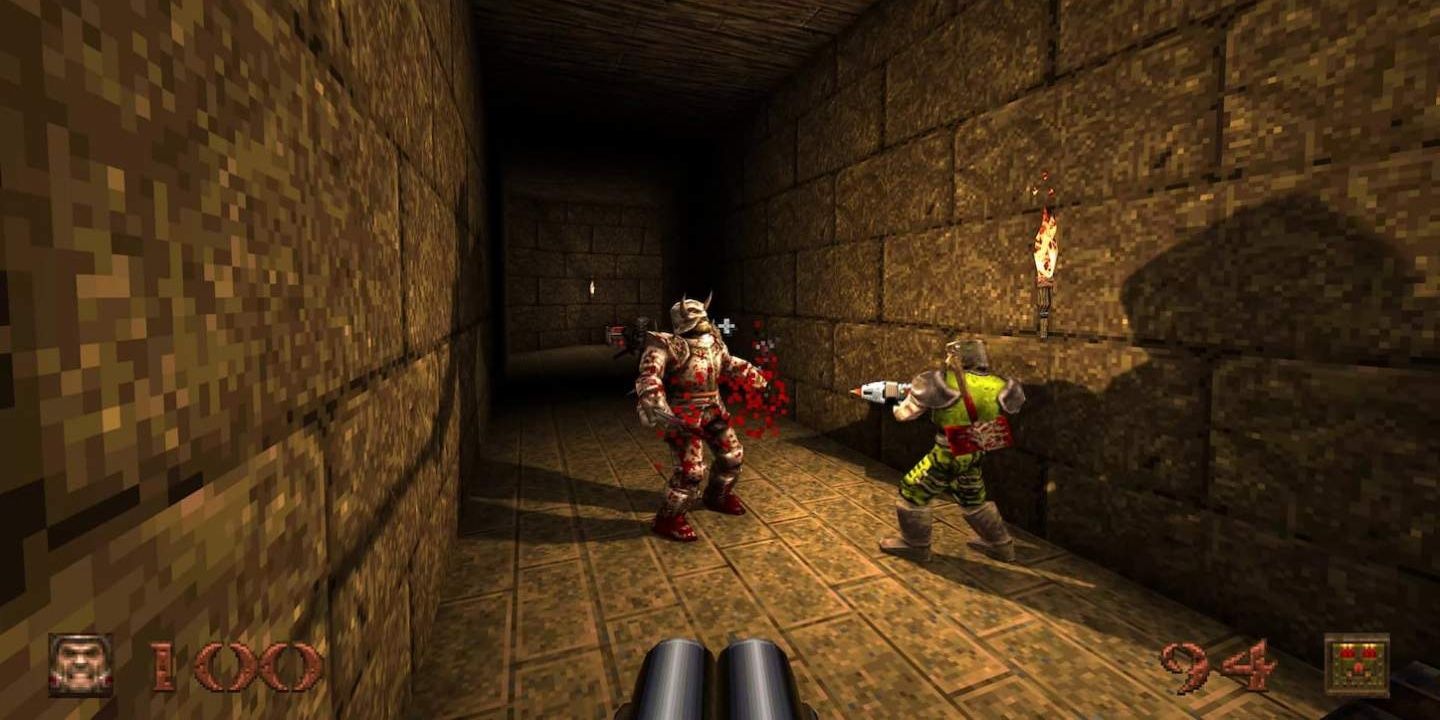 quake gameplay of a stone brick tunnel, a player shoots a monster