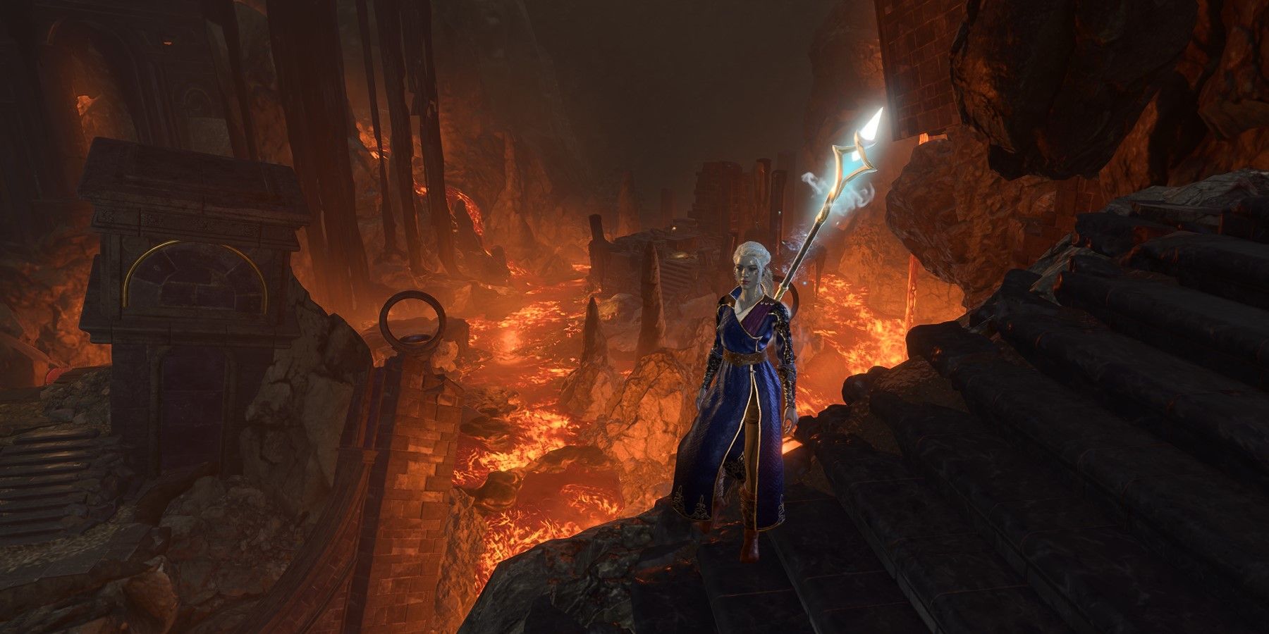 A wizard wielding the Mourning Frost Staff in the Grymforge in Baldur's Gate 3