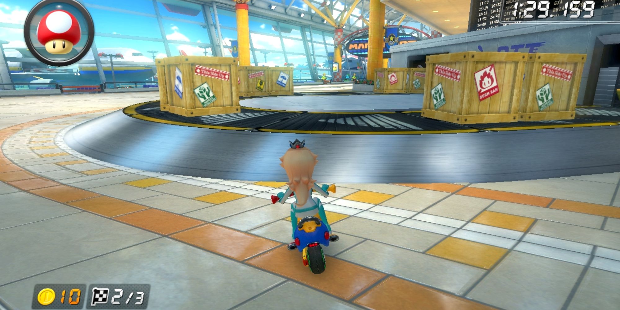 Rosalina riding into the Sunshine Airport luggage carousel